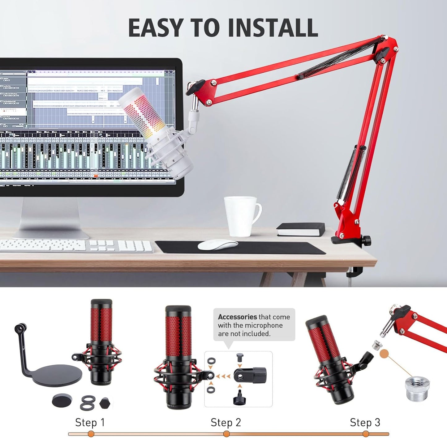 SUNMON HyperX QuadCast Boom Arm - Upgraded Red Boom Arm with Windscreen, Sound Insulation and Noise Reduction, HyperX QuadCast Microphone Arm with 3/8" to 5/8" Adapter