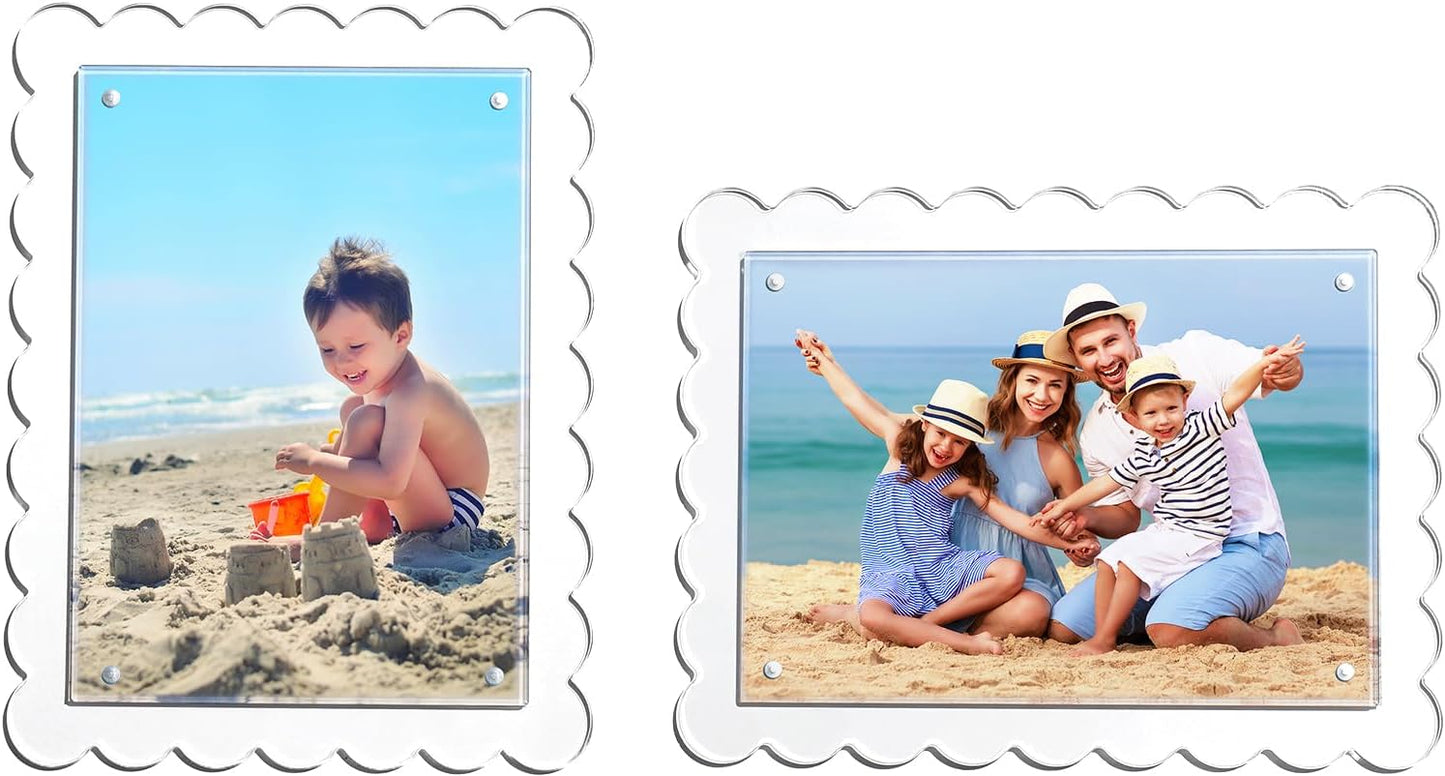 Cuspin 5x7 Acrylic Frames Set of 2 Scalloped Picture Frame, Clear Magnetic Acrylic Photo Frames with Dual Kickstand Holes for Vertical and Horizontal Display