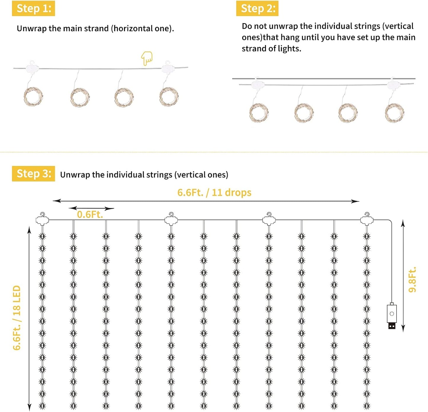 Curtain String Lights - 198 LED Window Light with Remote and Hooks, Fairy Lights with 8 Lighting Modes, USB Hanging Lights for Wedding, Party, Indoor Decorations