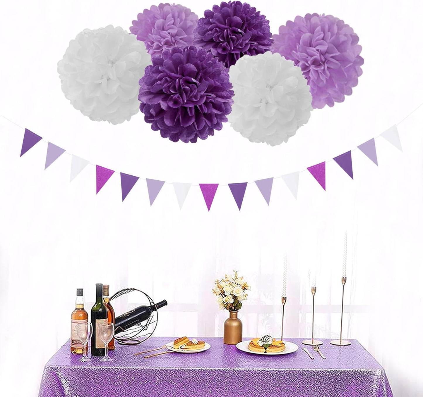 Purple White Lavender Party-Decorations Streamers - 28pcs Tissue Pom Poms,Women Girl Birthday Supplies Tassel Garland Banner,Baby Bridal Shower Wedding Engagement Bachelorette Graduation Decor Lasting Surprise