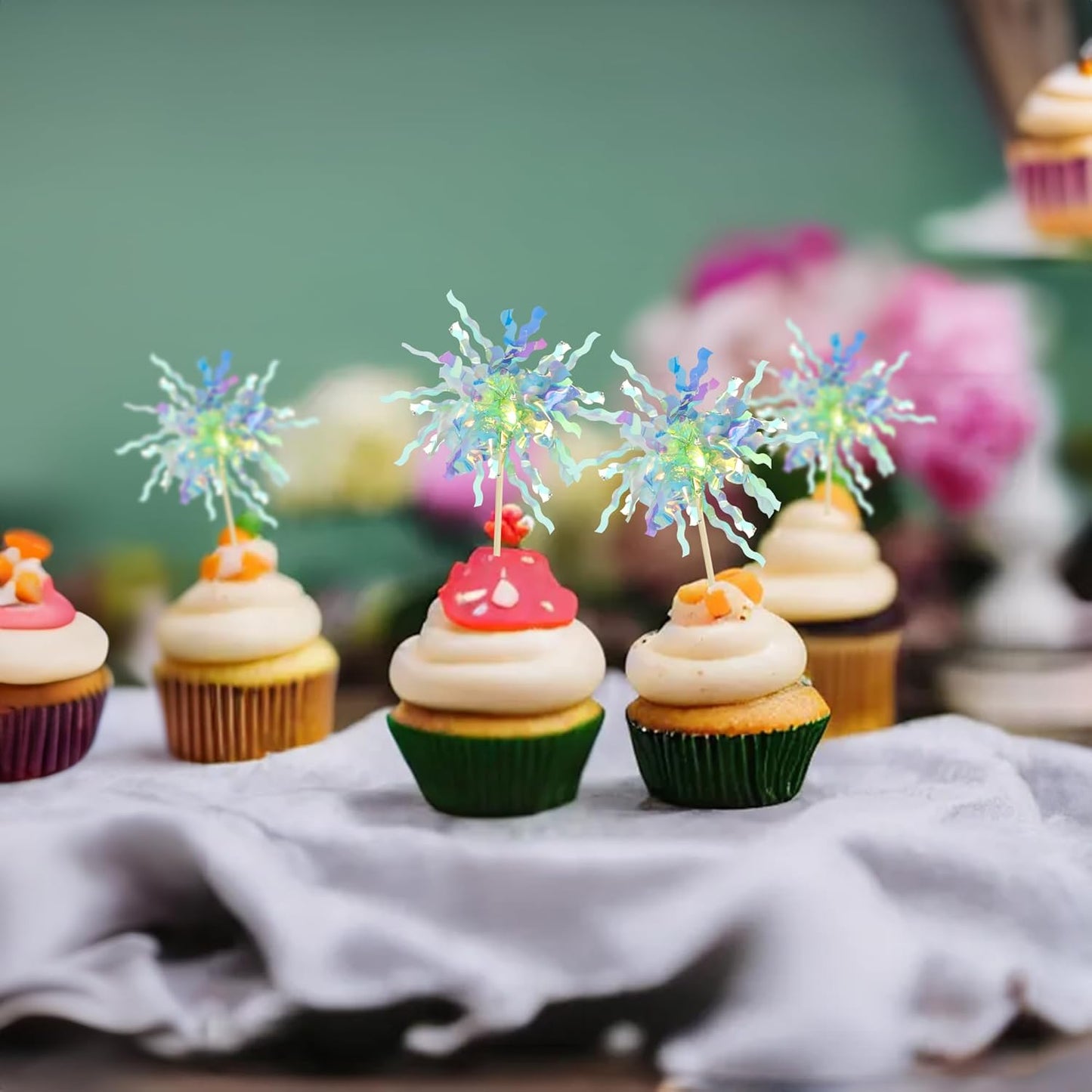 Gyufise 30Pcs Foil Firework Cupcake Toppers Sparkle Tinsel Cake Toppers Tinsel Drink Cake Decoration Cocktail Picks for Birthday Wedding Graduation Party Supplies Green