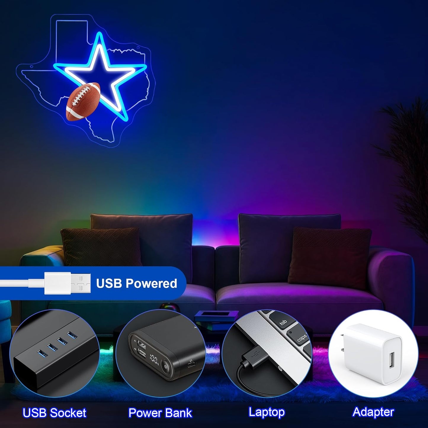 Cowboy Football Neon Sign Texas Neon Sign for Wall Decor - Neon Star Acrylic USB Powered LED Wall Art Decor, Light Up Sign Dimmable, for Man Cave Bedroom Bar Club Party Game Room 14.02 x 13.35 Inches