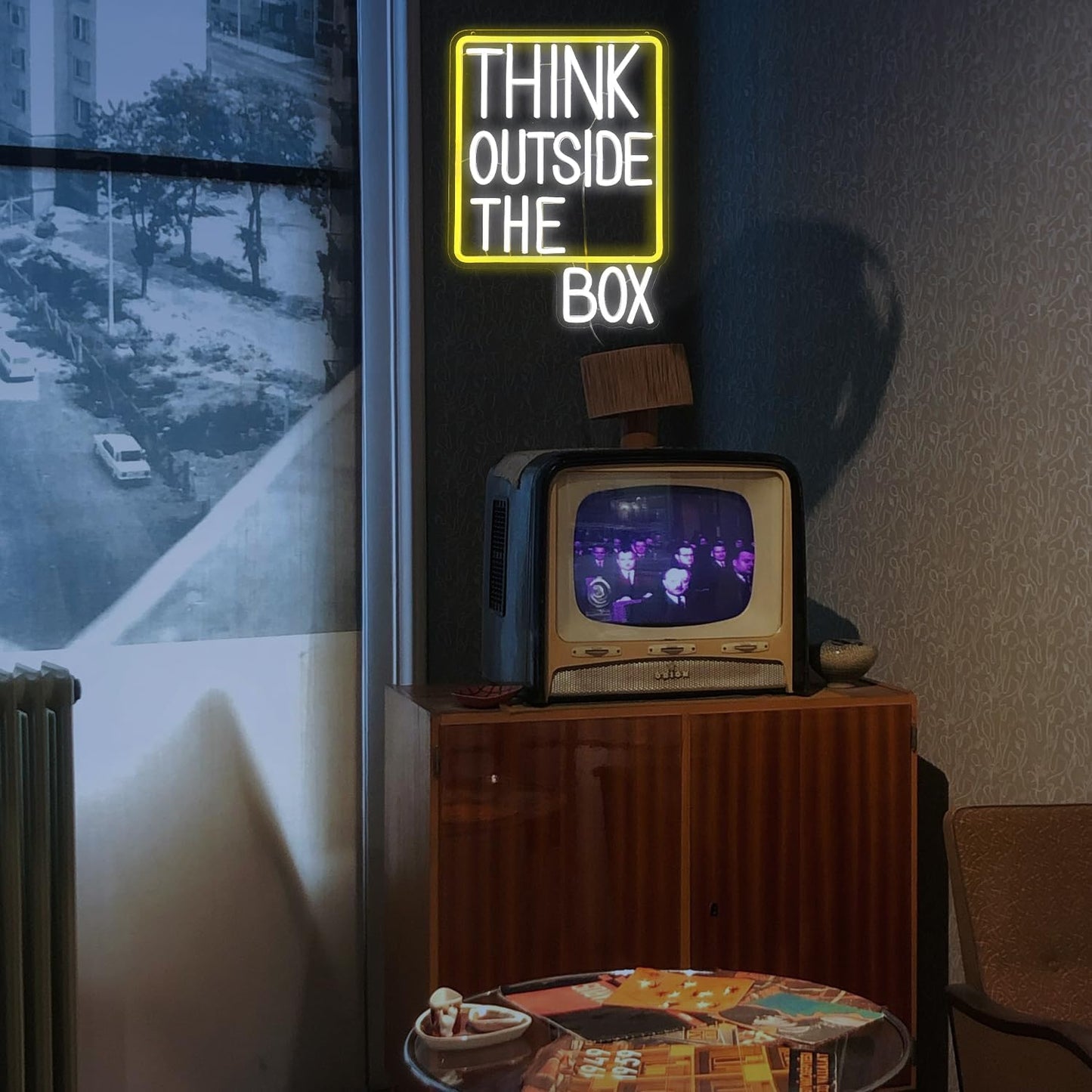 Think Outside The Box Neon Sign Dimmable White Words Neon Light for Wall Decor Led Think Light Up Sign for Study Room Classroom Library Meeting Room Bedroom (16.1 * 11.8 In)