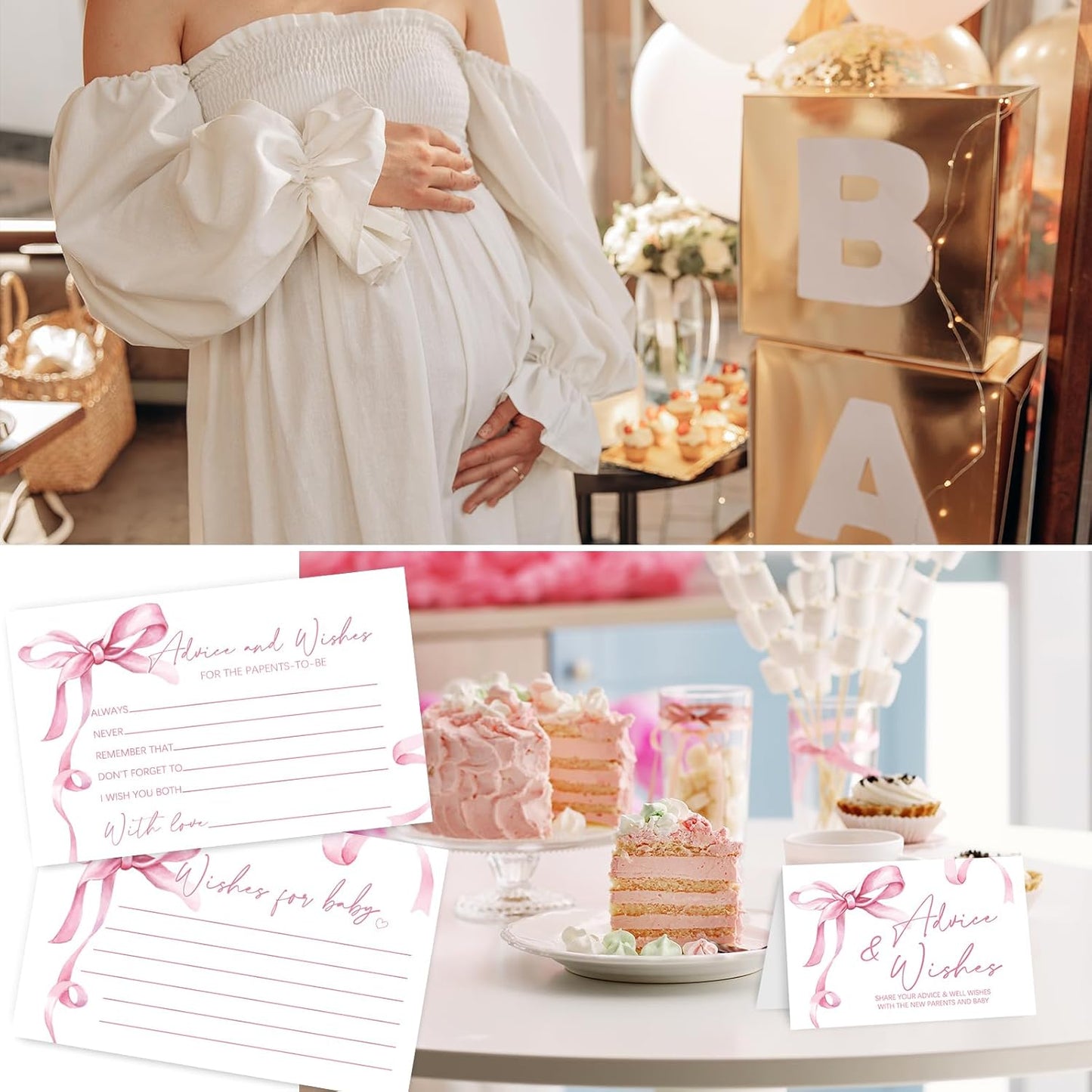 50Pcs Baby Shower Advice Cards Double-Sided Pink Bow Advice and Wish Cards with Wood Box for New Parents Baby Shower Gender Reveal Supplies