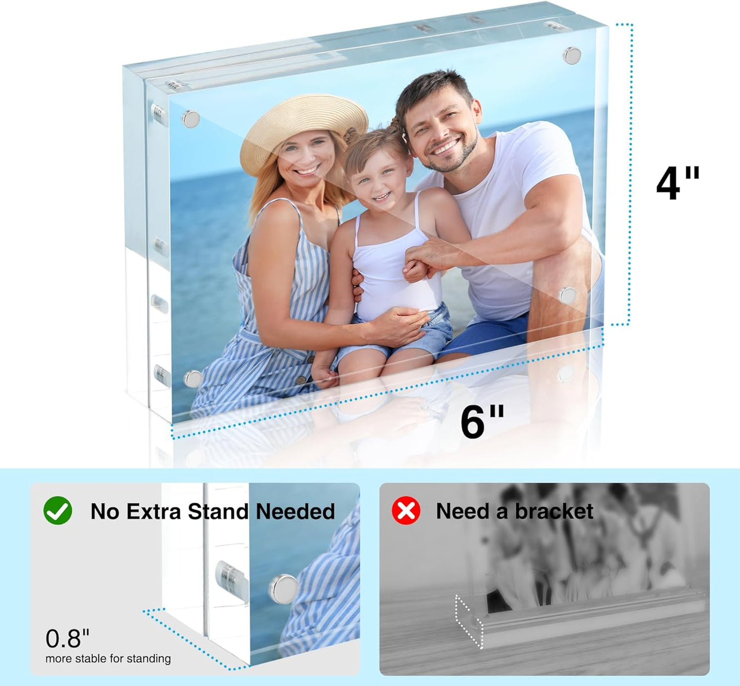 HOUSE DAY Acrylic Picture Frames 4x6, 1 Pack Magnetic 4 x 6 Picture Frame, Double Sided Clear 4x6 Photo Frame with Microfiber Cloth, Frameless FreeStanding 4x6 Frame Gift for Desktop Display