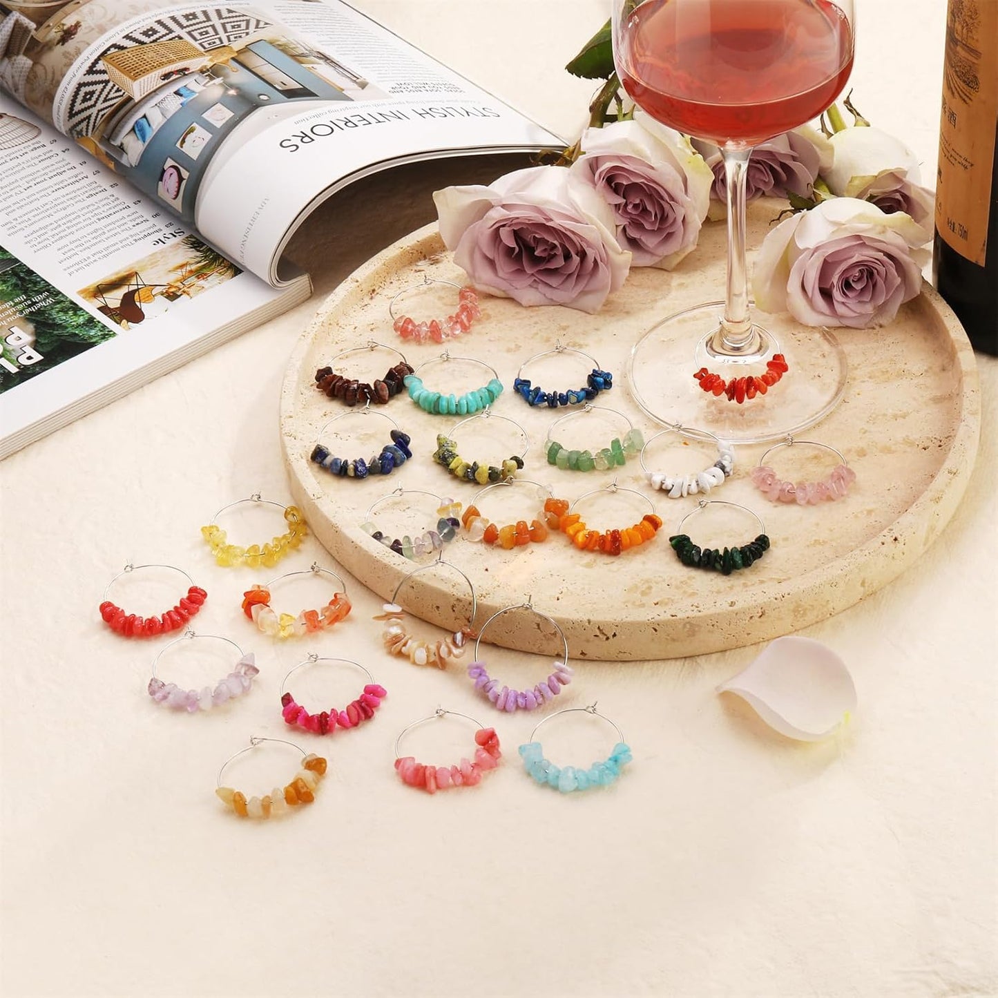 Pride & Par 24 Pcs Nature Gemstone Beads Glass Charms for Stem Glasses, Wine Glass Decoration for Weddings, Parties