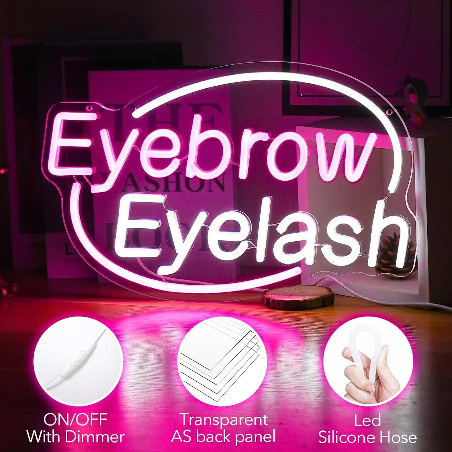 Eyebrows Eyelash Neon Sign, Pink and White Letter Neon Lights For Wall Decor, Girls Makeup Room Bedroom Beauty Salon Eyelash Studio Decoration(16.5 X 10.2 inch)