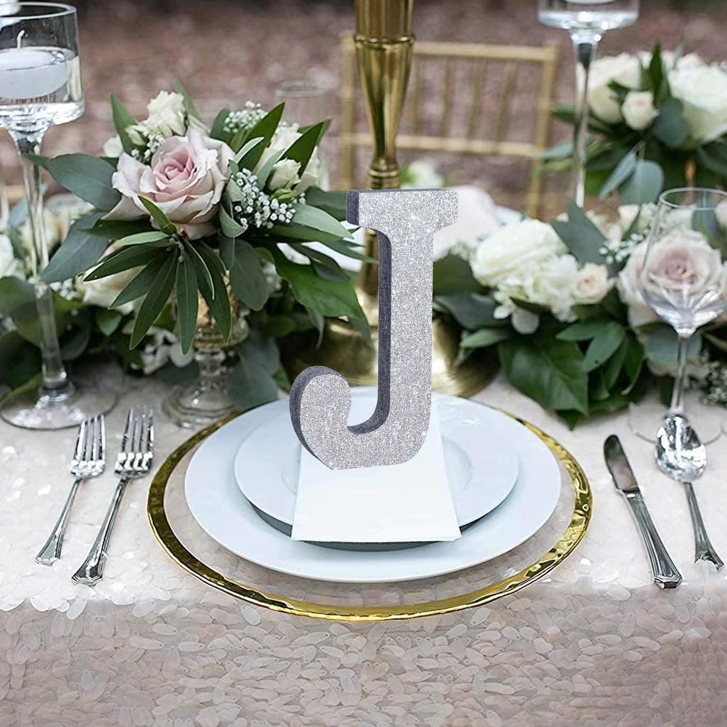 TONIFUL 8 Inch Silver Glitter Letter J Table Centerpiece A-Z Silver Birthday Party Decorations,Silver Alphabet J for Birthday,Chrismas,Graduation,Bridal Shower,Wedding,Anniversary Party Supplies