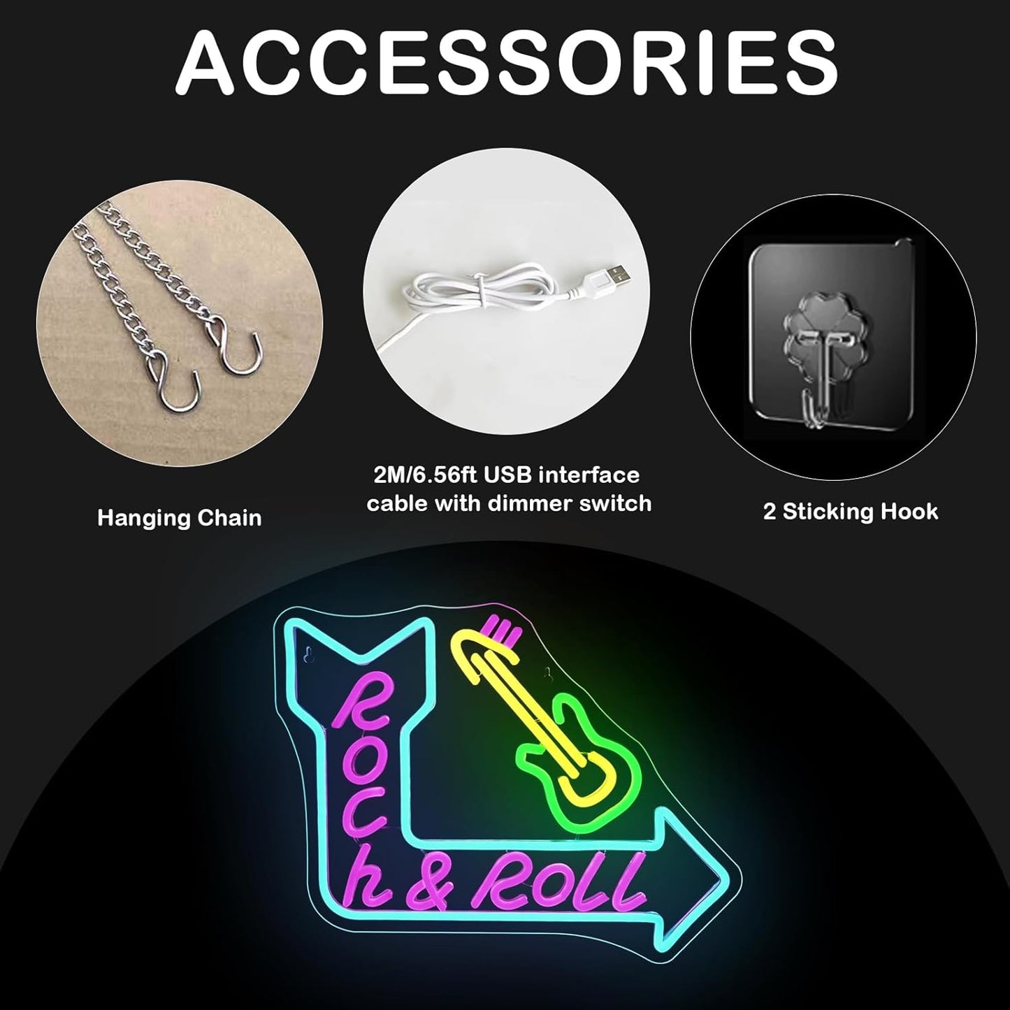 Rock Roll Guitar with Arrow Neon Sign, USB Powered Dimmable, Retro Music-Themed LED Wall Decor with Electric Guitar Design, 5V/2A, for Bar, Party, Gift, Bedroom, LIVE House, Man Cave, Rock Roll Fans