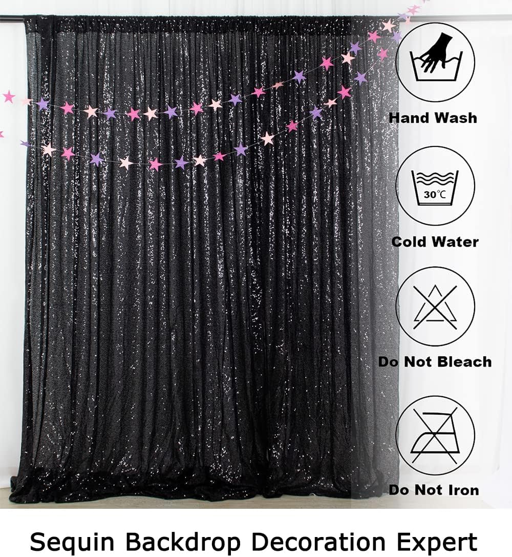 ShinyBeauty 2Pcs 5FTx10FT Black Sequin Backdrop Curtain | Glitter Wedding & Photography Background | Elegant Shimmer Curtains for Events & Parties