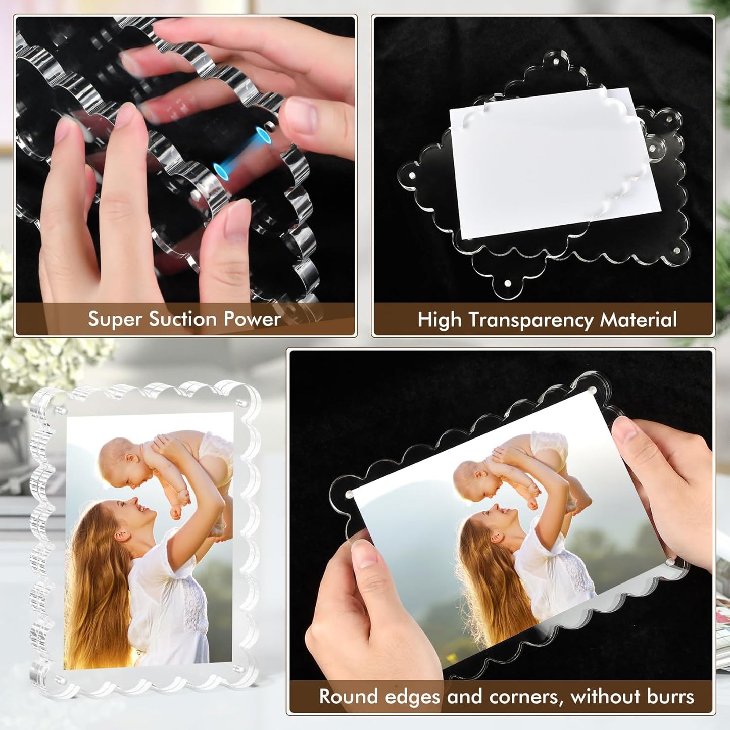 3Pack Magnetic Acrylic Picture Frames 5×7 Inch - Scalloped Photo Frame with 10+10mm Thick Block, Double Sided Clear Frames for Desktop Display | Trendy Home Gift (Clear, 5X7)