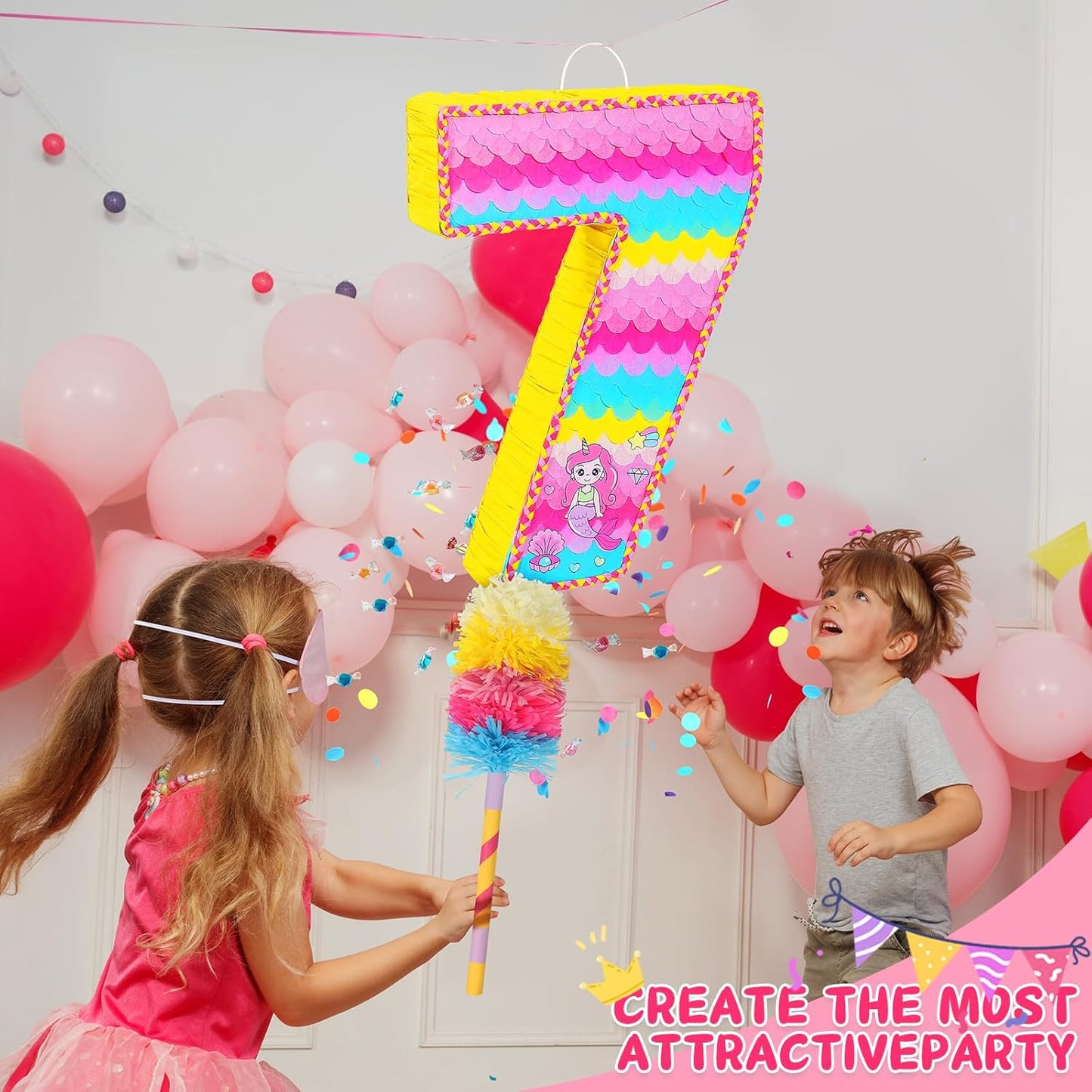 Number 7 Pinata for Birthday Party Decorations, Unicorn Mermaid Theme Pink Piñata Games Toy (7th)