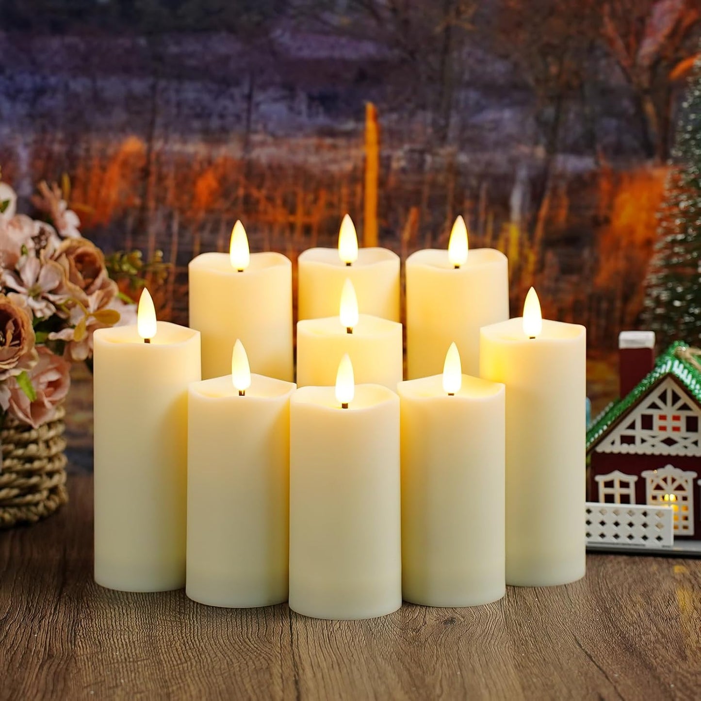 Plastic Waterproof Outdoor flameless Candles, LED Candles, with Remote Control and Timer, Battery-Powered Candles, Suitable for Camping, courtyards and Home Decoration,Set of 9(Ivory)