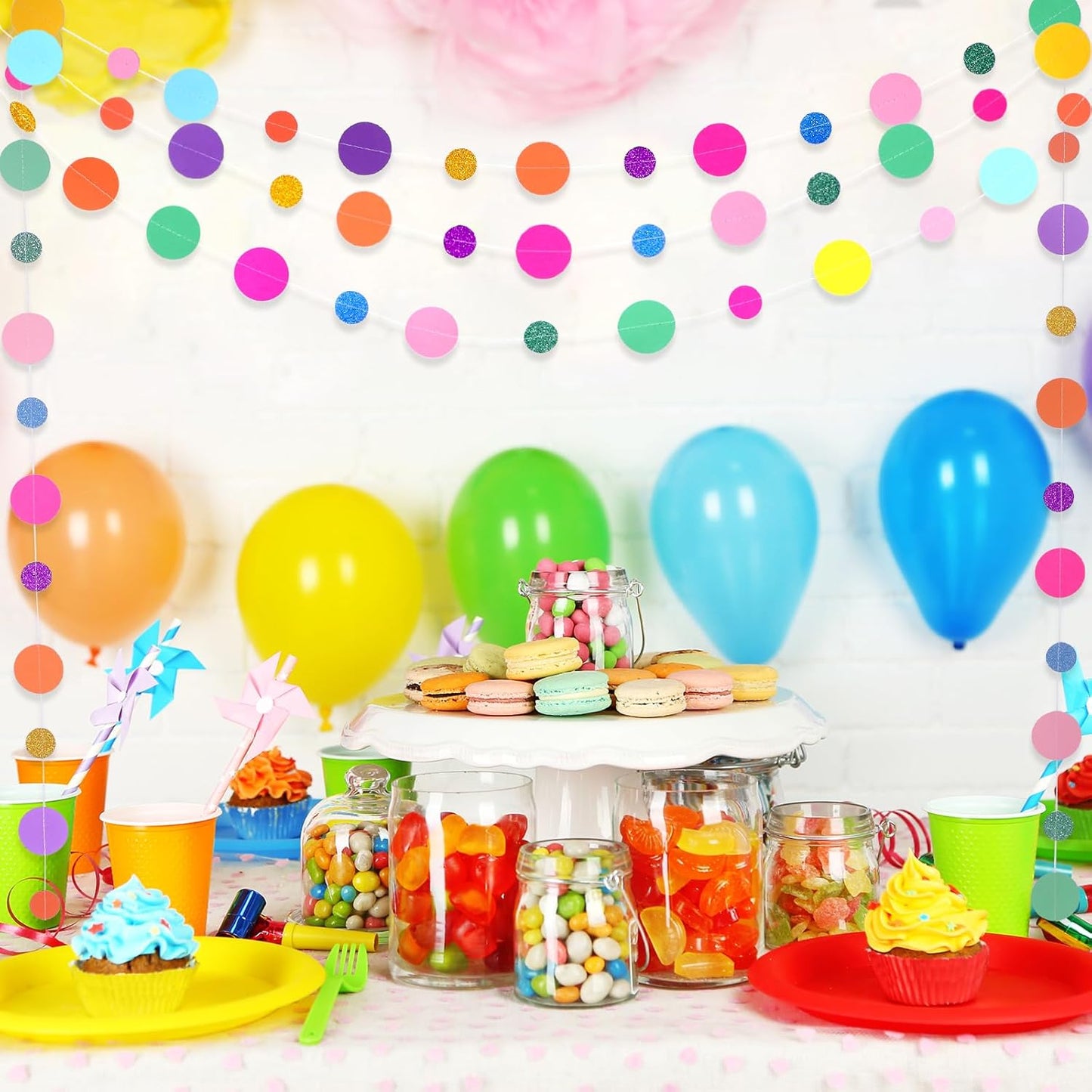 Outus 20 Pieces Colorful Dots Paper Garland Round Glitter Garland Hanging Confetti Streamers Backdrop for Candy Birthday Classroom Halloween Trunk or Treat Car Decoration (Rainbow)