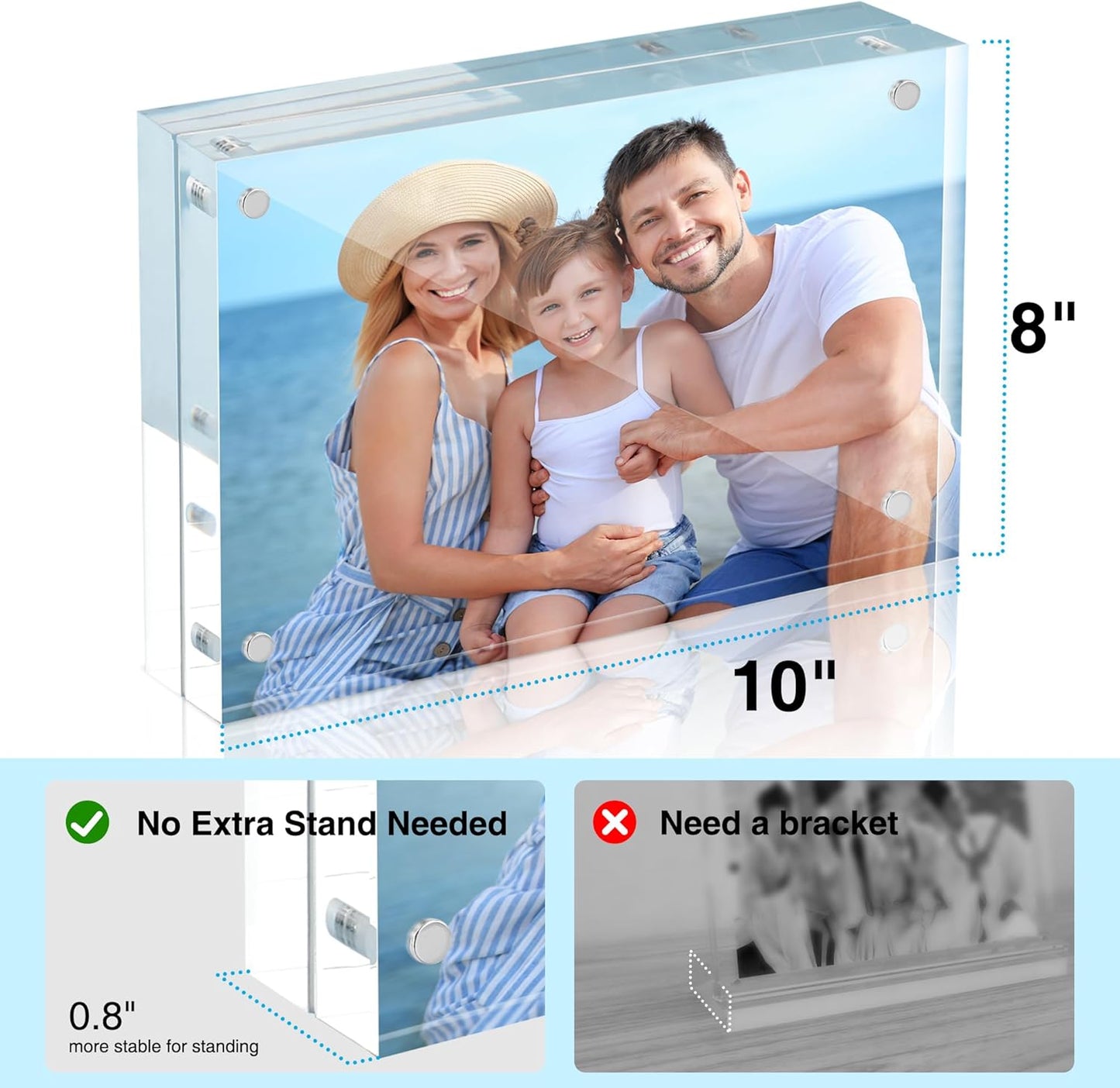HOUSE DAY Acrylic Picture Frames 8x10, 3 Pack Magnetic 8x10 Picture Frame, Double Sided Clear 8 x 10 Photo Frame with Microfiber Cloth, Frameless FreeStanding 8x10 Frame Gift for Desktop Display
