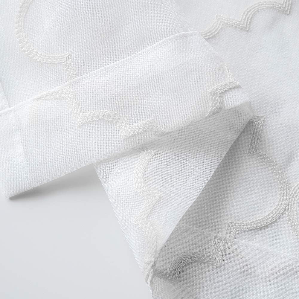 White Sheer Curtains 84 Inches Long, Rod Pocket Sheer Drapes for Living room, Bedroom, 2 Panels, 52"x84", Embroidered Moroccan Tile Lattice Design Semi Voile Window Treatments for Yard, Patio, Villa.