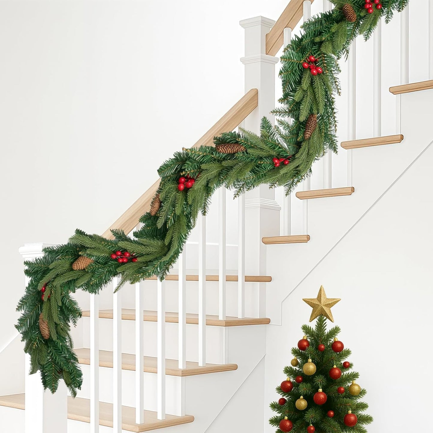 9FT Christmas Garland Artificial Norfolk Pine Tree Greenery, Cedar Cypress with Red Berries Pine Cones, Realistic Winter Holiday Mantel Fireplace Door Table Decor, Indoor Outdoor