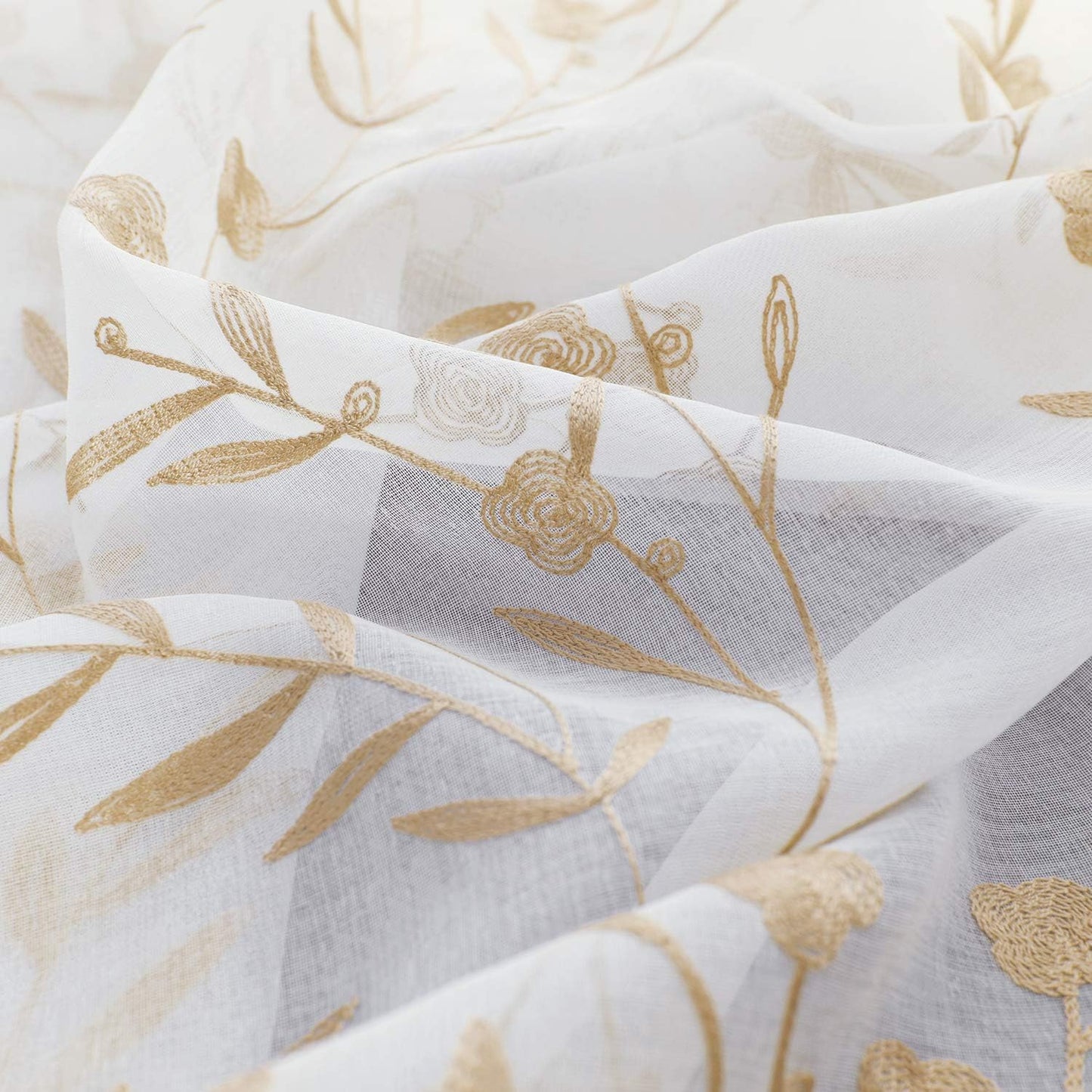 Sheer Curtains with Desin White-Beige Floral Embroidery 84 Inch Long Rod Pocket Lace Drapes for Living room, Bedroom, 2 Panels, 52"x84", Semi Voile Outdoor Window Treatment Sets for Yard, Patio.