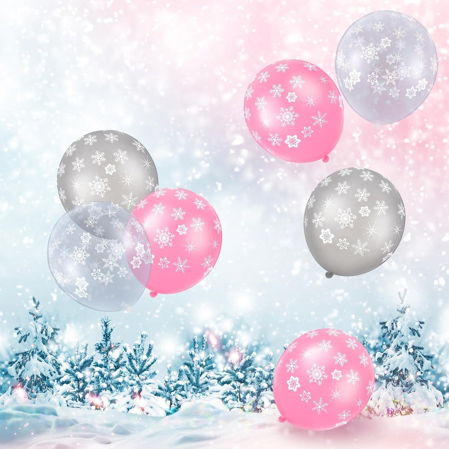 Skylety 40 Pieces Snowflake Balloons Bulk Winter Transparent Snowflake Latex Balloons for Christmas Birthday Wedding Party Decorations(Pink, Silver, Clear)