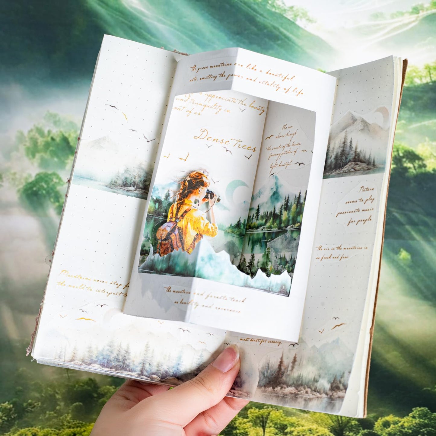 Mountain Forest Washi Tape Set, 6 Rolls with Poetic Text and Gold Foil Accents, Includes Clip for Scrapbooking, Journaling, and Planner Supplies