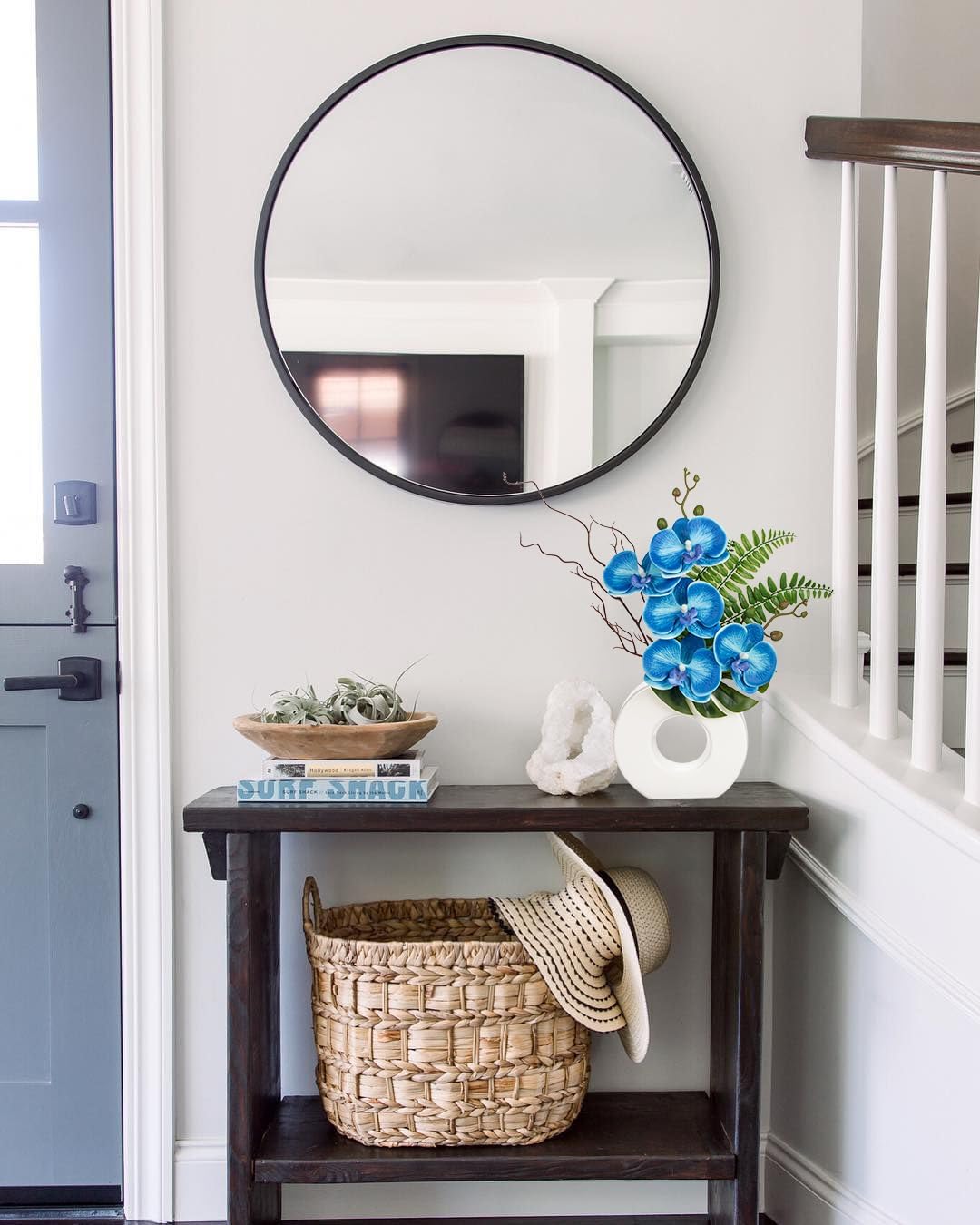 Briful Orchid Fake Flowers 16.1'' Blue Artificial Orchid Silk Flowers with Vase Faux Orchid Arrangement for Home Office Bathroom Desk Modern Decoration