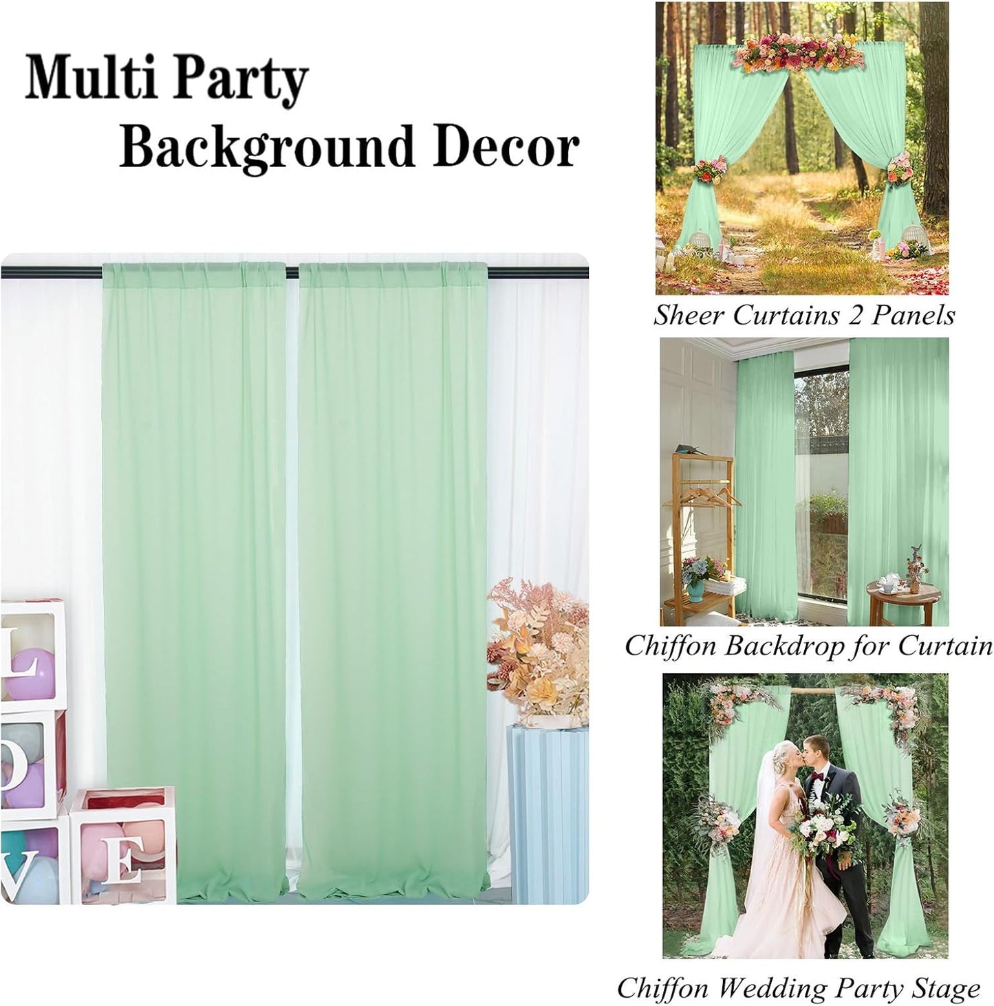 DUOBAO Sage Green Chiffon Backdrop Curtains 96 inches Long 2 Panels Set for Parties Bedroom Living Room, Soft Fabric Drapes Semi Sheer Curtain Dark Green Photo Background