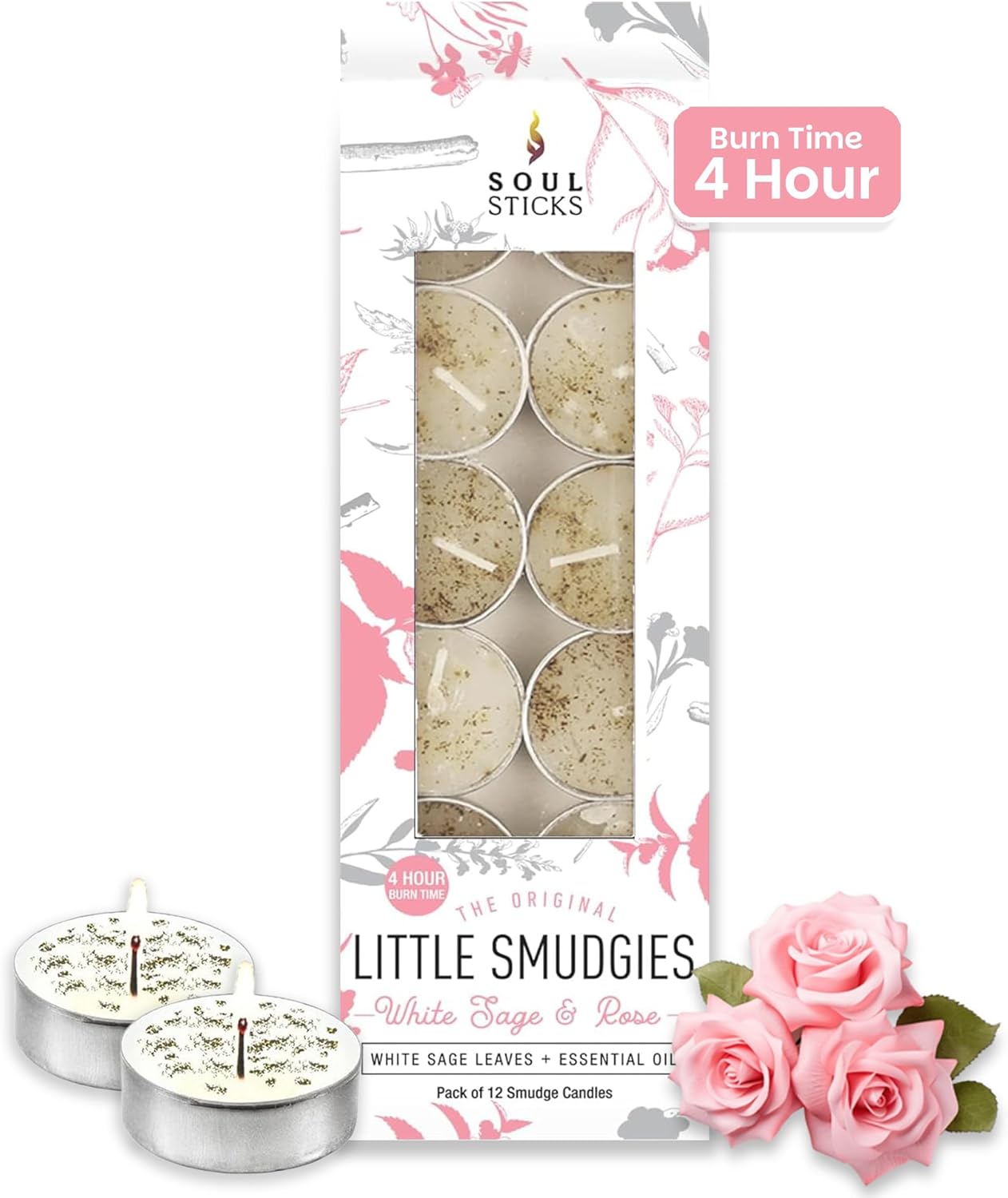 SOUL STICKS 12 Pack Little Smudgies Tealight Candles Smudge Candle for Cleansing House, Meditation, Chakra Healing | Made with Crystals and Herbs (White Sage & Rose)
