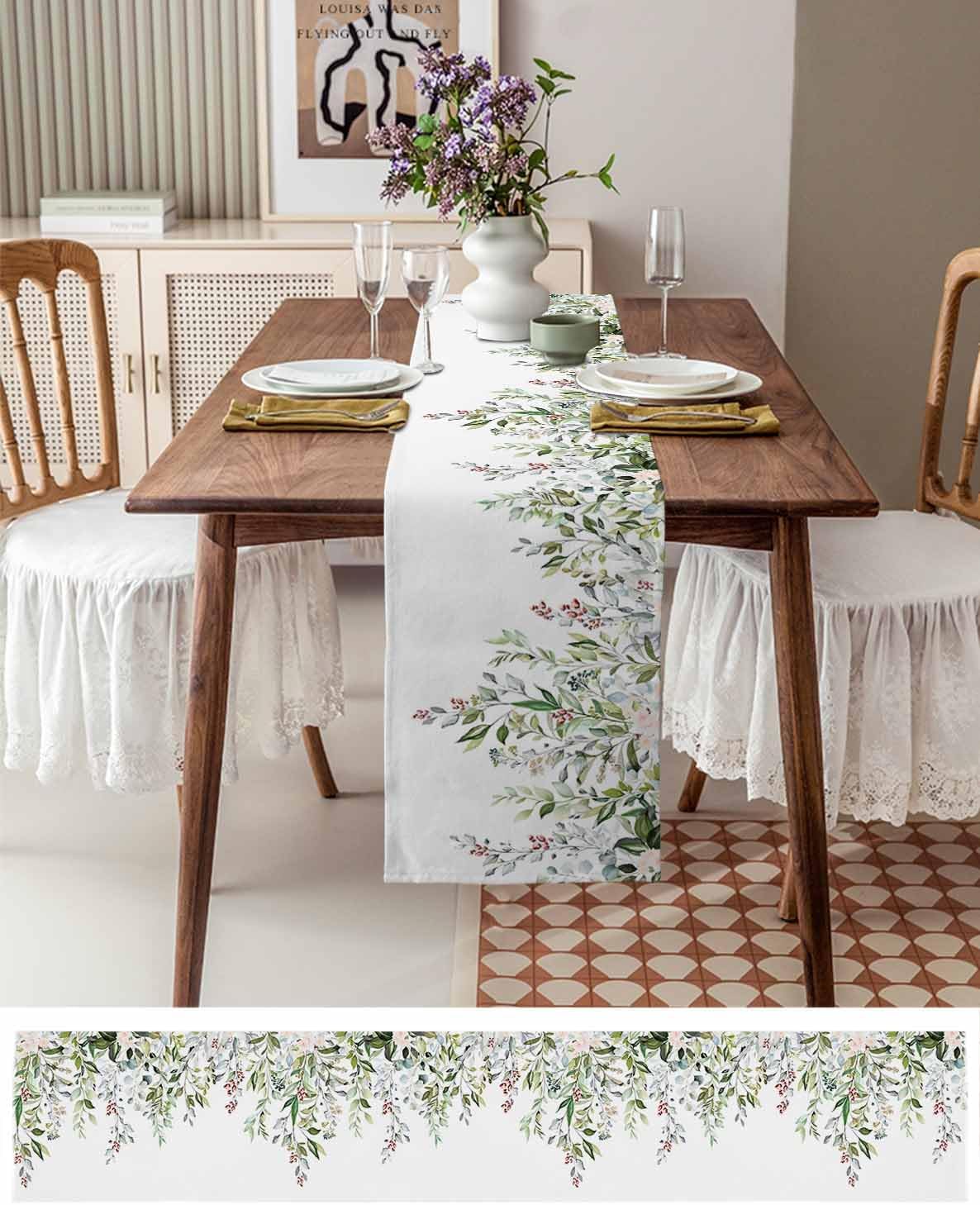 Botanical Eucalyptus Cotton Linen Table Runner for Dining Kitchen, Wedding Outdoor Party Tablerunners Decoration, Sage Green Leaves Elegant Floral Dresser Scarf Coffee Tablecloth Runners 13x36 Inches