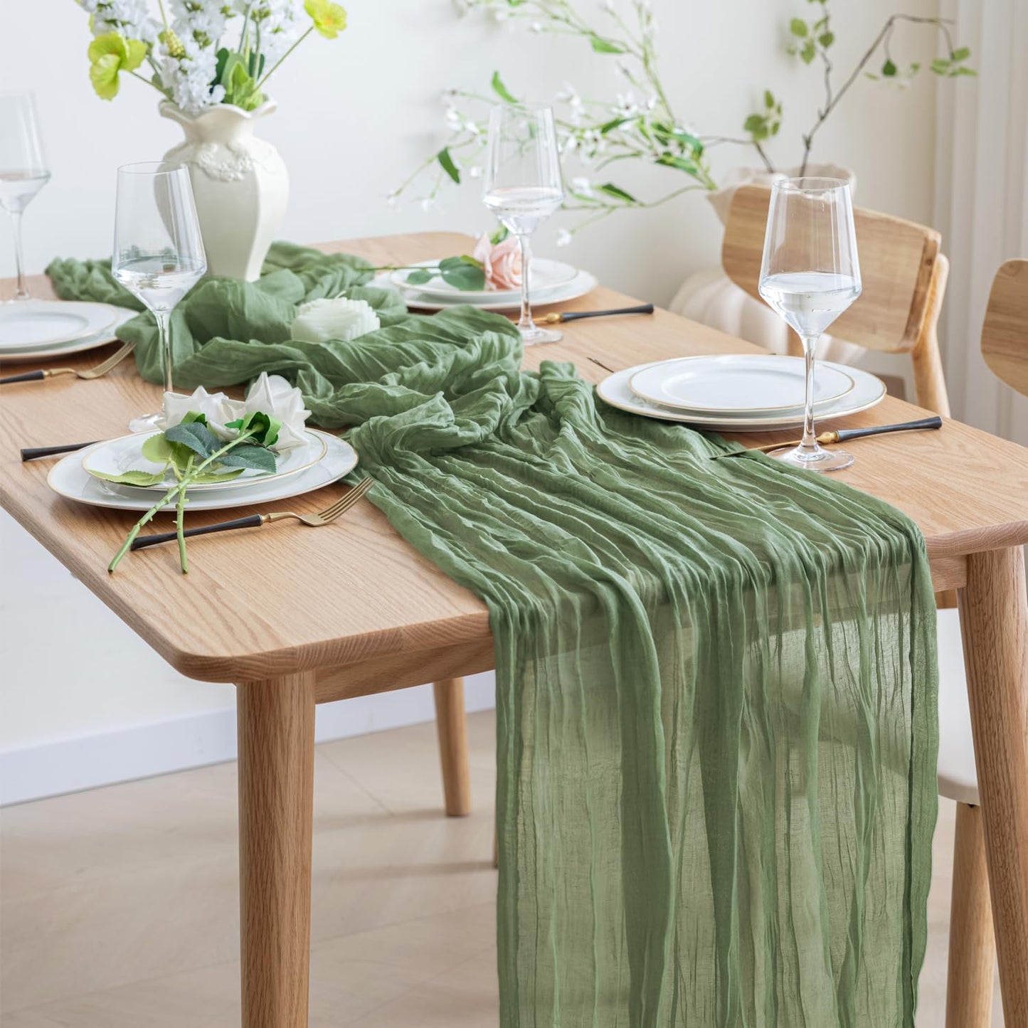 Asee'm 6pcs Cheesecloth Table Runner 120 Inches Sage Green Boho Gauze Cheese Cloth Runner 10FT Rustic Sheer Table Runners for Summer Wedding Baby Shower Holiday Party Decoration