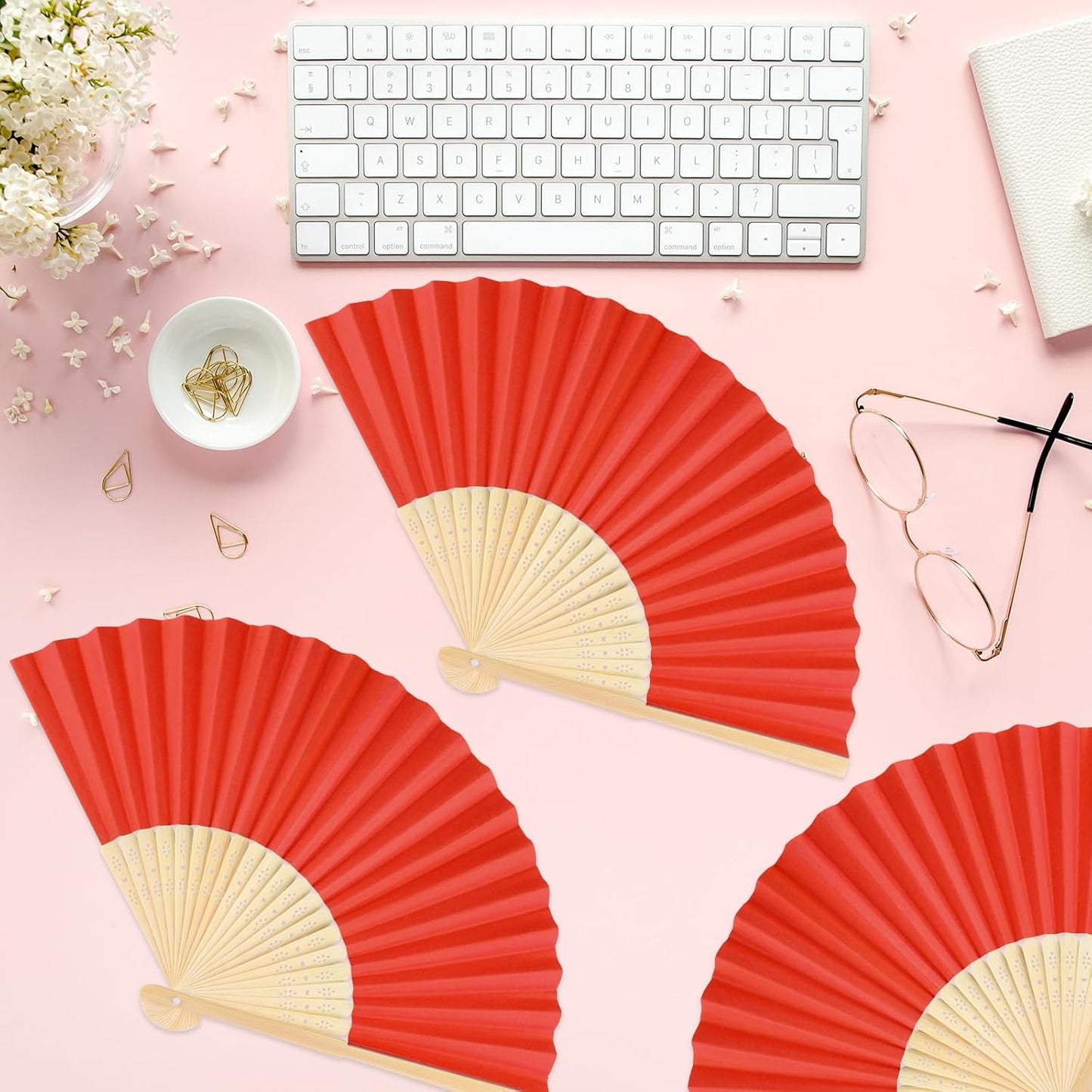 6 Pieces Red Hand Held Bamboo Folding Fans Foldable Paper Fans Handheld for Women Girls Wedding DIY Decoration Church Home Party Favors Summer