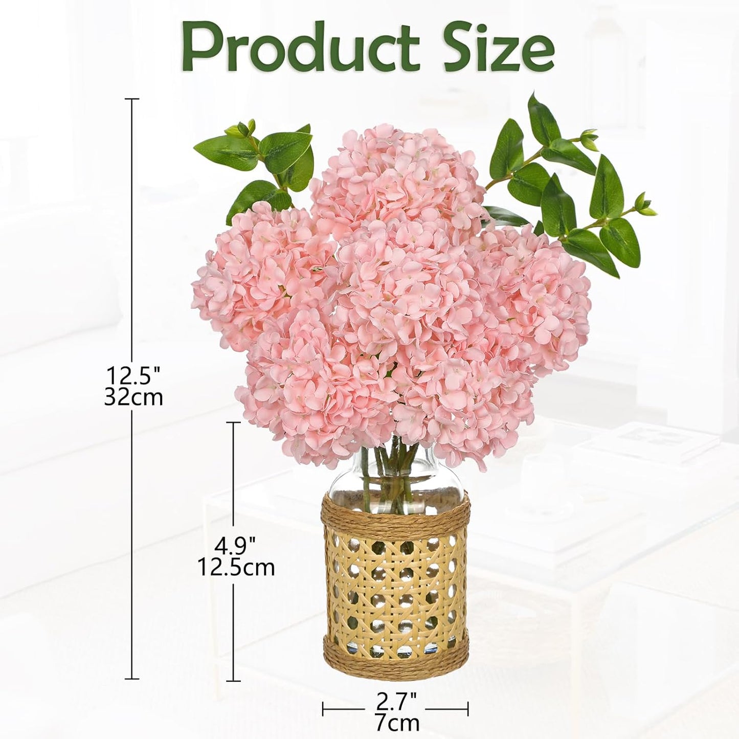Hollyone Pink Hydrangea Artificial Flowers in Woven Glass Vase with Faux Water Silk Hydrangeas Fake Flowers Floral Arrangement for Home Indoor Bathroom Kitchen Office Table Centerpiece Shelf Decor