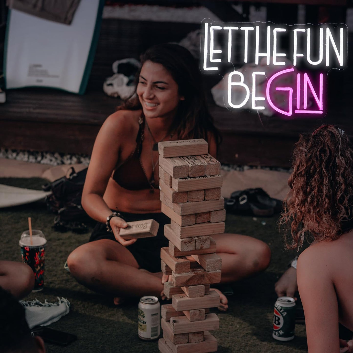 Let The Fun Begin Neon Sign USB Powered White Pink Fun Light Up Sign for Wall Decor Dimmable Led Letters Neon Light for Birthday Wedding Halloween Christmas Party Home Decor (15.8 * 11.8In)