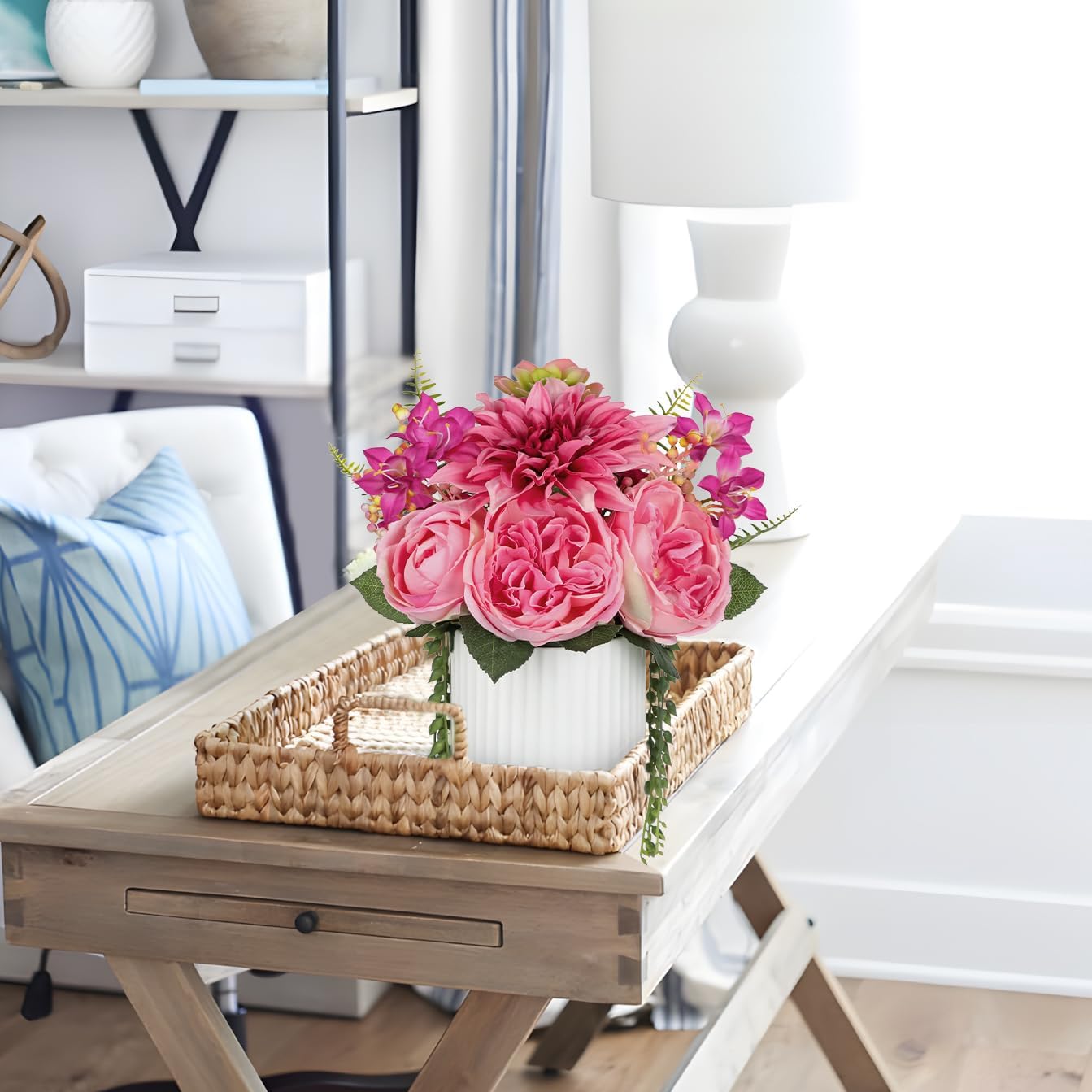 Briful 13" Faux Flower Arrangement in White Ceramic Vase – Pink Artificial Peony & Dahlia Silk Flower Centerpiece with Succulent Fake Potted Flowers for Home Office Tabletop Wedding Decor