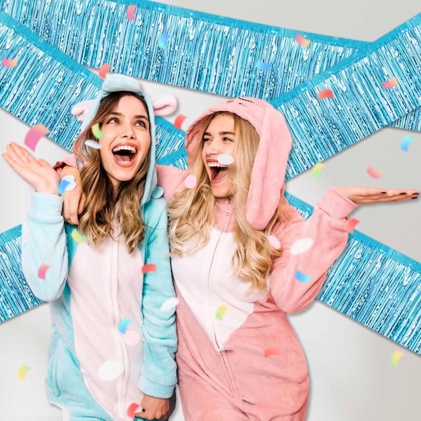 4 Pack 10 Ft Light Blue Foil Fringe Garland Metallic Streamers Tinsel Banner Wall Hanging Garland Backdrop for Parade Floats, Halloween, Christmas, Thanksgiving, New Year Party Decorations