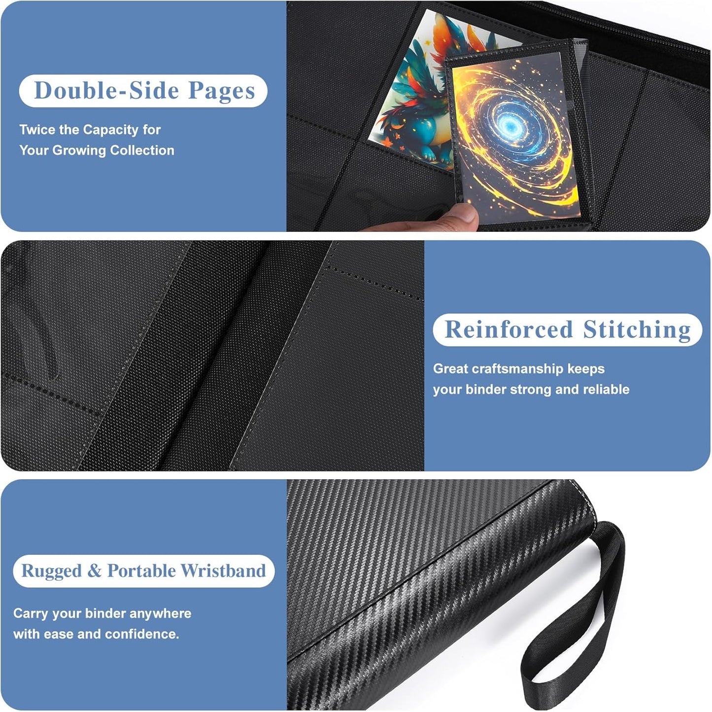 Trading Card Binder 16 Pocket with Display Window, 1024 Cards Capacity Card Binder, Waterproof PU Leather Photocard Baseball Card Binder for MTG, TCG, Sports Cards, Black