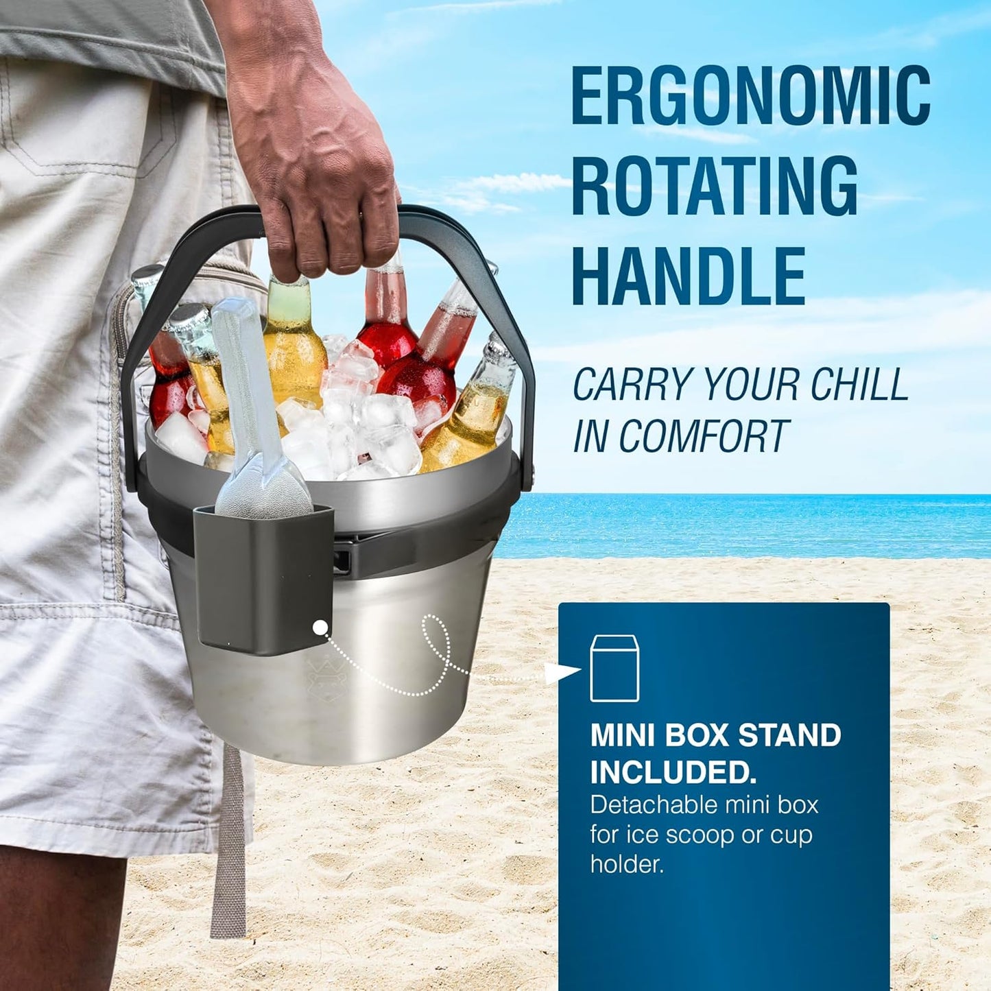 Insulated Ice Bucket with Lid & Scoop-XL Double-Walled, bar Essentials for Entertaining, Holiday Party, Stainless Steel Wine Chiller, Beverage Tub with Handle, Bottle Opener, Great Gift(Steel Black)