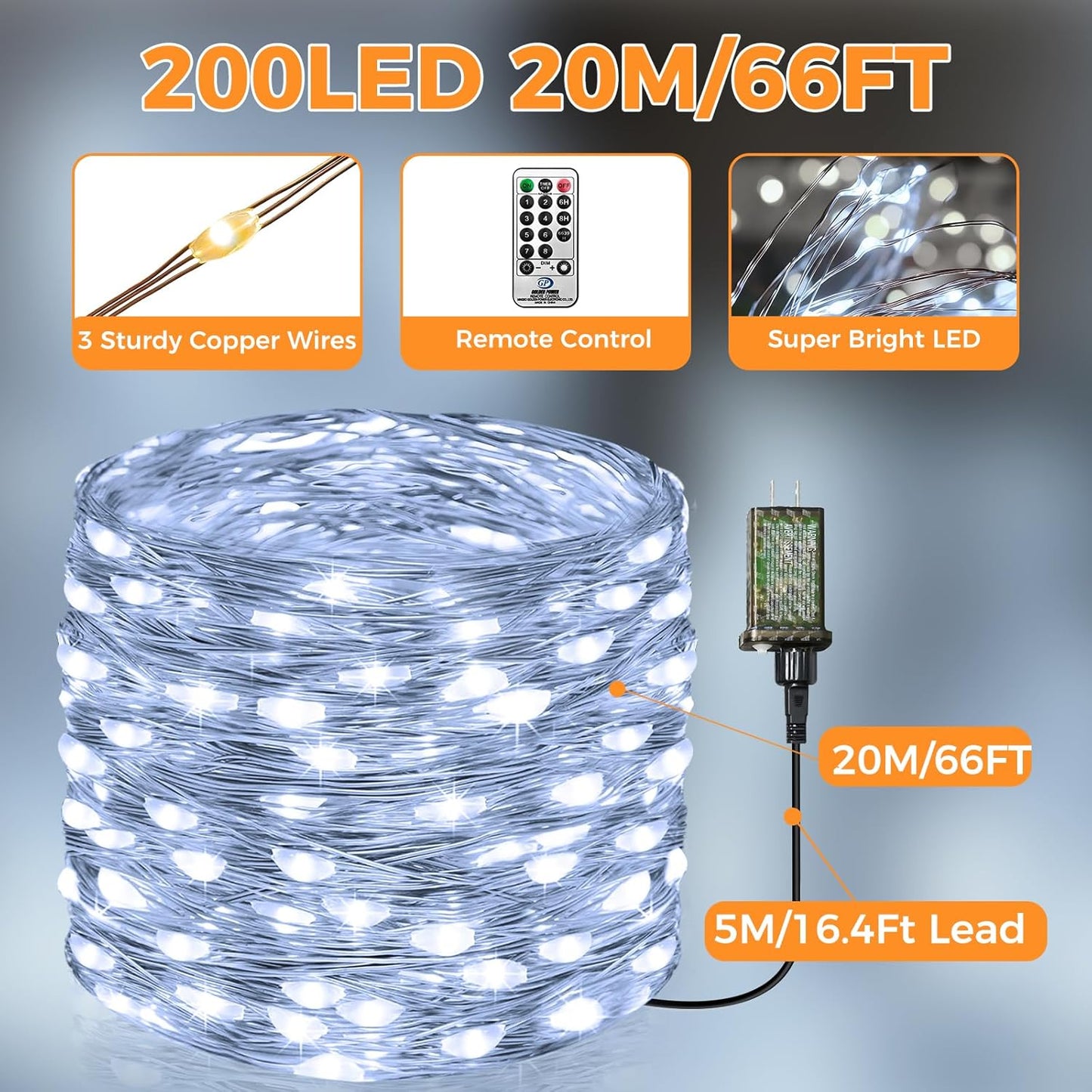 btfarm Fairy Lights Plug in with Remote, 66FT 200 LED Outdoor Twinkle Lights Waterproof with Timer, 8 Modes Indoor String Lights for Bedroom Patio Garden Wedding Christmas Decoration, Cool White