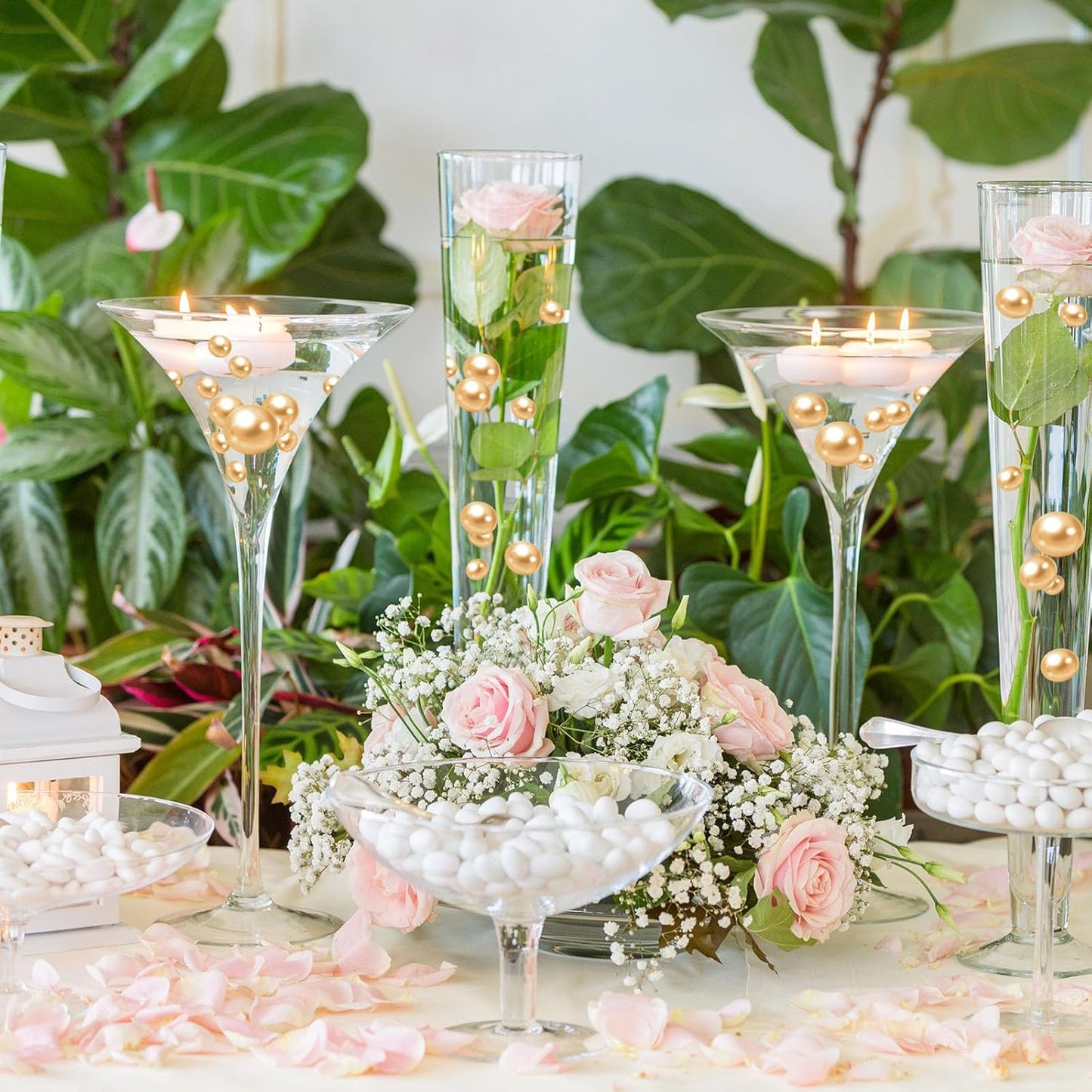 100PCS Light Brown Faux Pearls Beads for Centerpiece Vases, Vase Filler Faux Pearls, No Holes Filler Beads for Party Anniversary Birthday Wedding Table Decor, 14/20/30mm