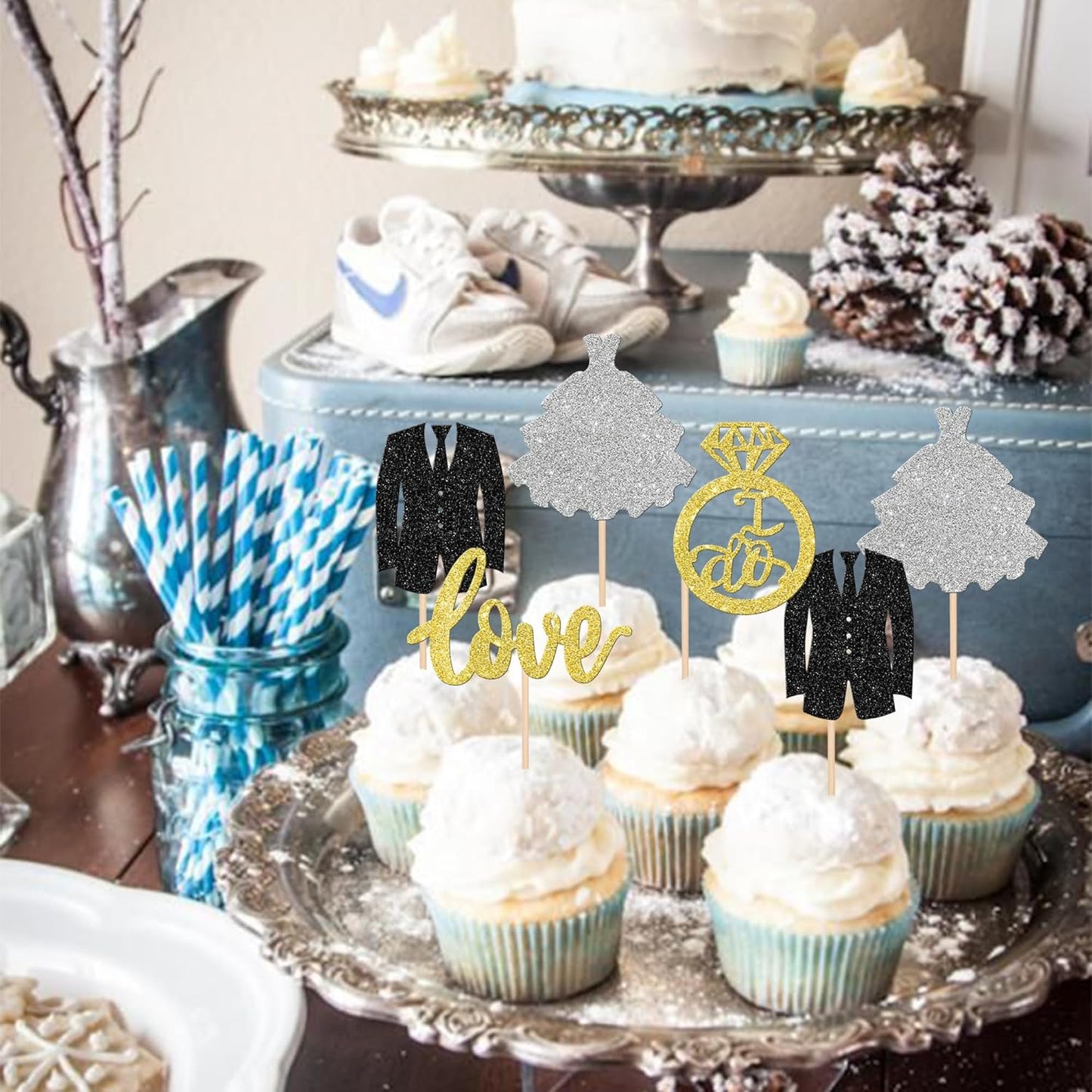 24 PCS Wedding Cupcake Toppers Glitter Bride and Groom Cupcake Picks Love I Do Ring Cupcake Decorations for Wedding Engagement Bridal Shower Theme Party Cake Decorations Supplies Gold