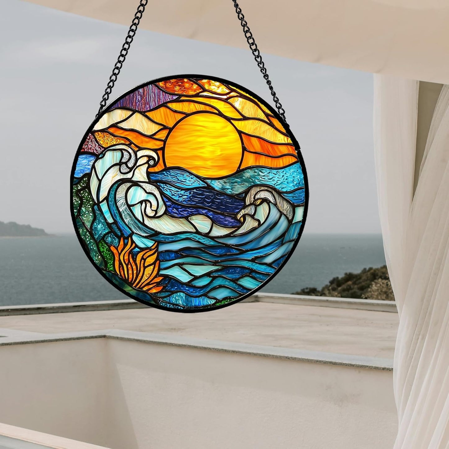 Stained Glass Window Hanging, Orange Sun Blue Sea Waves Landscape Suncatcher for Doors Window Home Sun Catchers Decor Mother's Day Birthday Gifts for Women, Men Mom 9.8 in