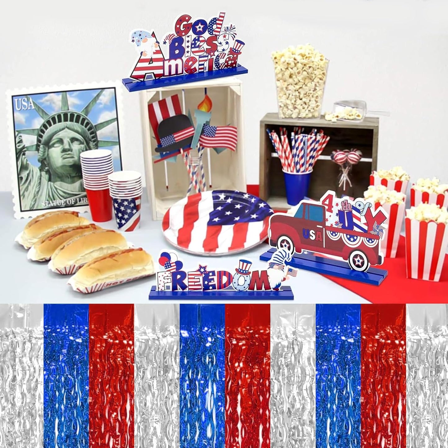 4P Wavy Metallic Tinsel Foil Fringe Table Skirts for Rectangle Tables Backdrop Garland Curtains for Parade Floats Wedding Birthday Parties Decoration Graduation 2025 Christmas (Red Blue White)