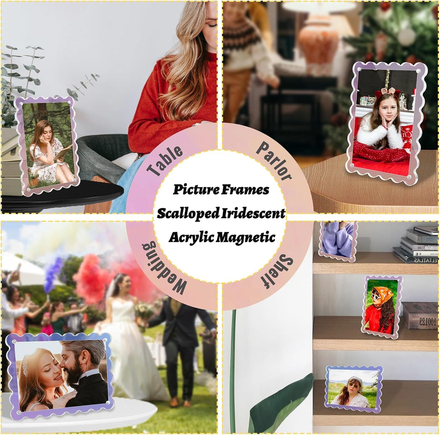 Acrylic Picture Frames 3 Pack 5x7 inch Scalloped Iridescent with Detachable Stand, Vertical and Horizontal Tabletop Display, Magnetic Photo Frames for Café/Home/Party/Wedding