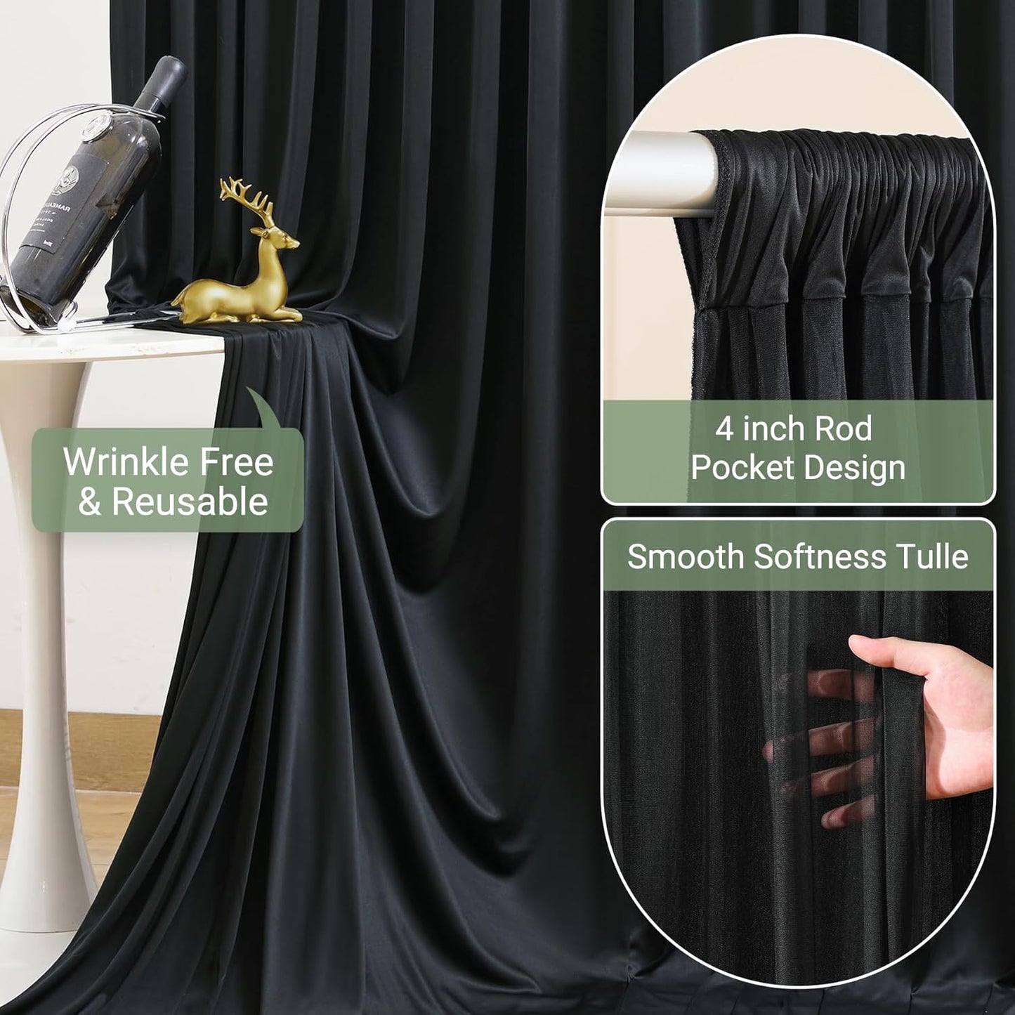 Black Tulle Backdrop Curtain for Parties Wedding,5ft x 10ft Wrinkle Free Curtain Backdrop,2 Layer Drapes for Backdrop,Polyester Wedding Back Drop for Bridal Shower Birthday Baby Shower Photography