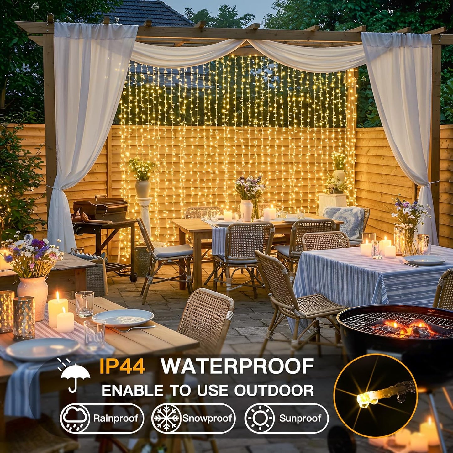 suddus 600 LED Christmas String Lights Outdoor, 9.8x19.6ft Curtain Light Plug in with Remote, 8 Modes Wall Hanging Lights for Christmas,Dorm,Wall,Window,Wedding,Party,Birthday Decor,Warm White