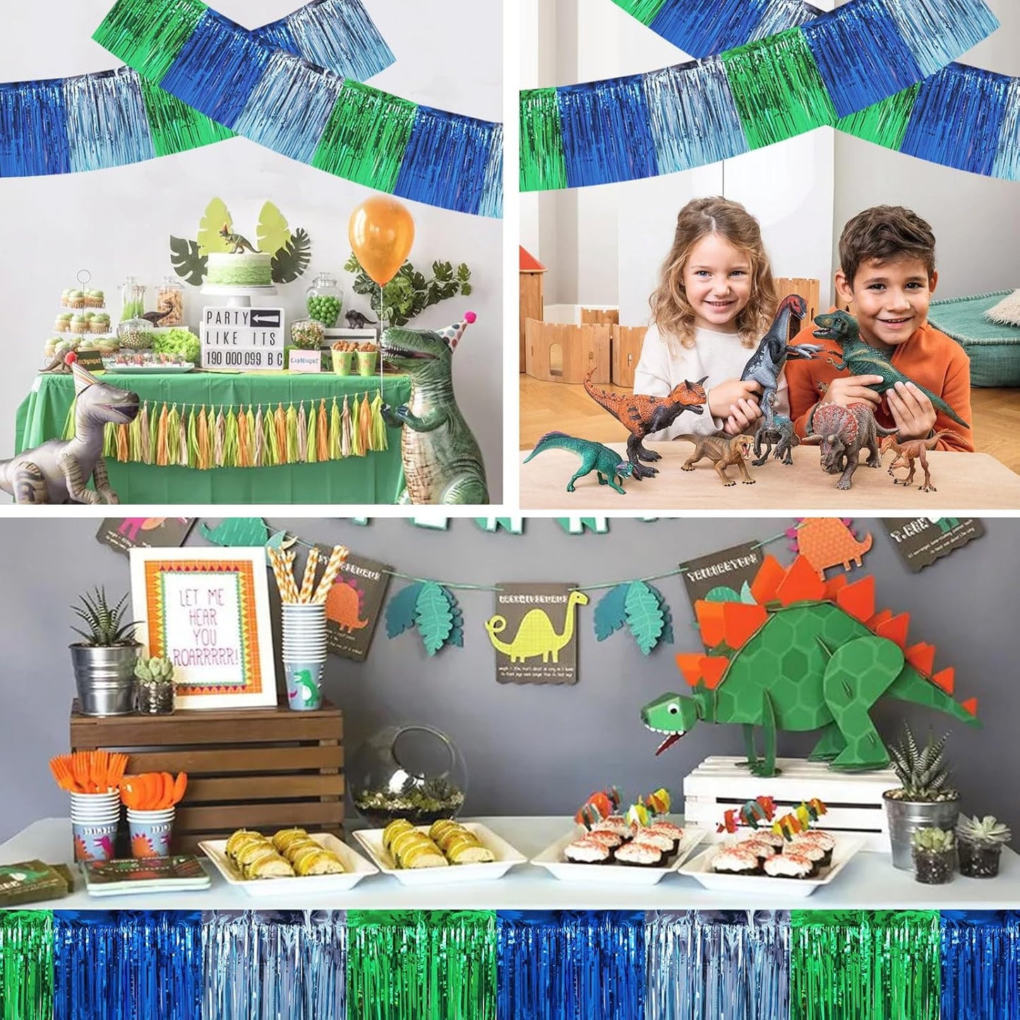 BEISHIDA 3 Packs Metallic Foil Fringe Garland Blue Green Wall Hanging Tinsel Fringe Banners for Car Floats Bridal Shower Wedding Birthday Easter Graduation Holiday Party Decoration(30 Feet)