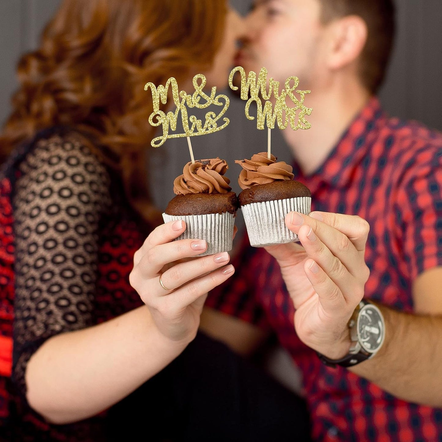 Gyufise 36Pcs Mr & Mrs Cupcake Toppers Love Mr Mrs Cupcake Picks Gold Glitter Wedding Cucpake Toppers Bridal Shower Cake Decorations Party Supplies