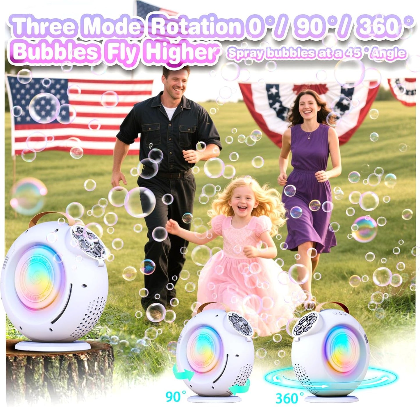 Bubble Machine, Automatic Bubble Maker Rechargeable, 15000+ Big Bubbles per Min, Colorful LED Lights, 90° 360° Rotatable Portable Electric Bubbles Toy for Kids Toddlers, Outdoor Wedding Party Gifts