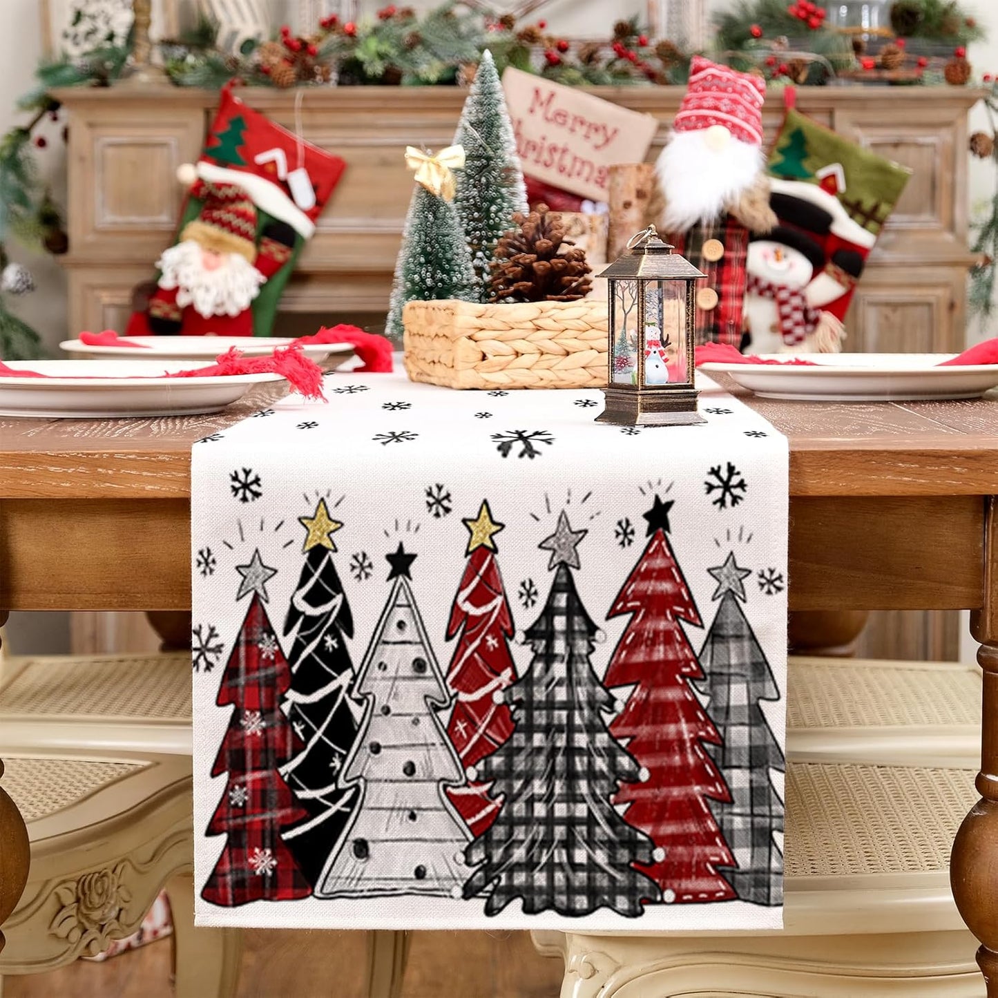 GEEORY Christmas Table Runner 13x48 Inch, Xmas Tees Snowflakes Holiday Decorative Farmhouse Table Decoration for Kitchen Dinning, Indoor Outdoor Dinner Party Decor ((Red & Black) GT165-48