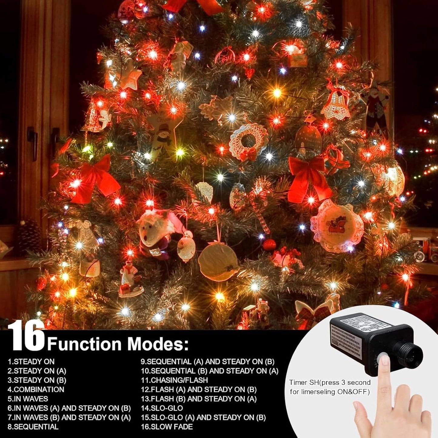 LAMPHOME 33ft Christmas Decorative Mini Lights, 100 LED transparent Wire Fairy Starry String Lights Plug in, 12 Lighting Modes, for Indoor Outdoor Xmas Tree Wedding Party Decoration (White+Multicolor)