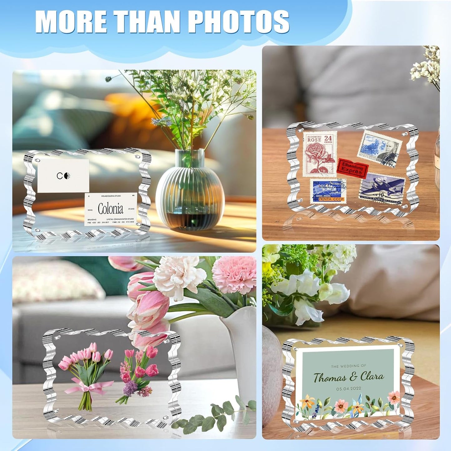 Aheroi 5x7 Acrylic Photo Frames, 3 Pack Clear Picture Sign Holder Freestanding Magnetic Scalloped Picture Frames for Desktop Display, Thickened Frameless Double Sided Acrylic Sign Holder, No Instal